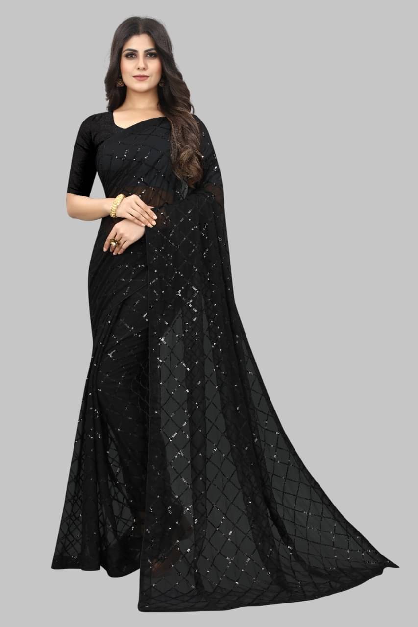     			Apnisha Georgette Embroidered Regular Saree With Unstitched Blouse Piece ( Black )
