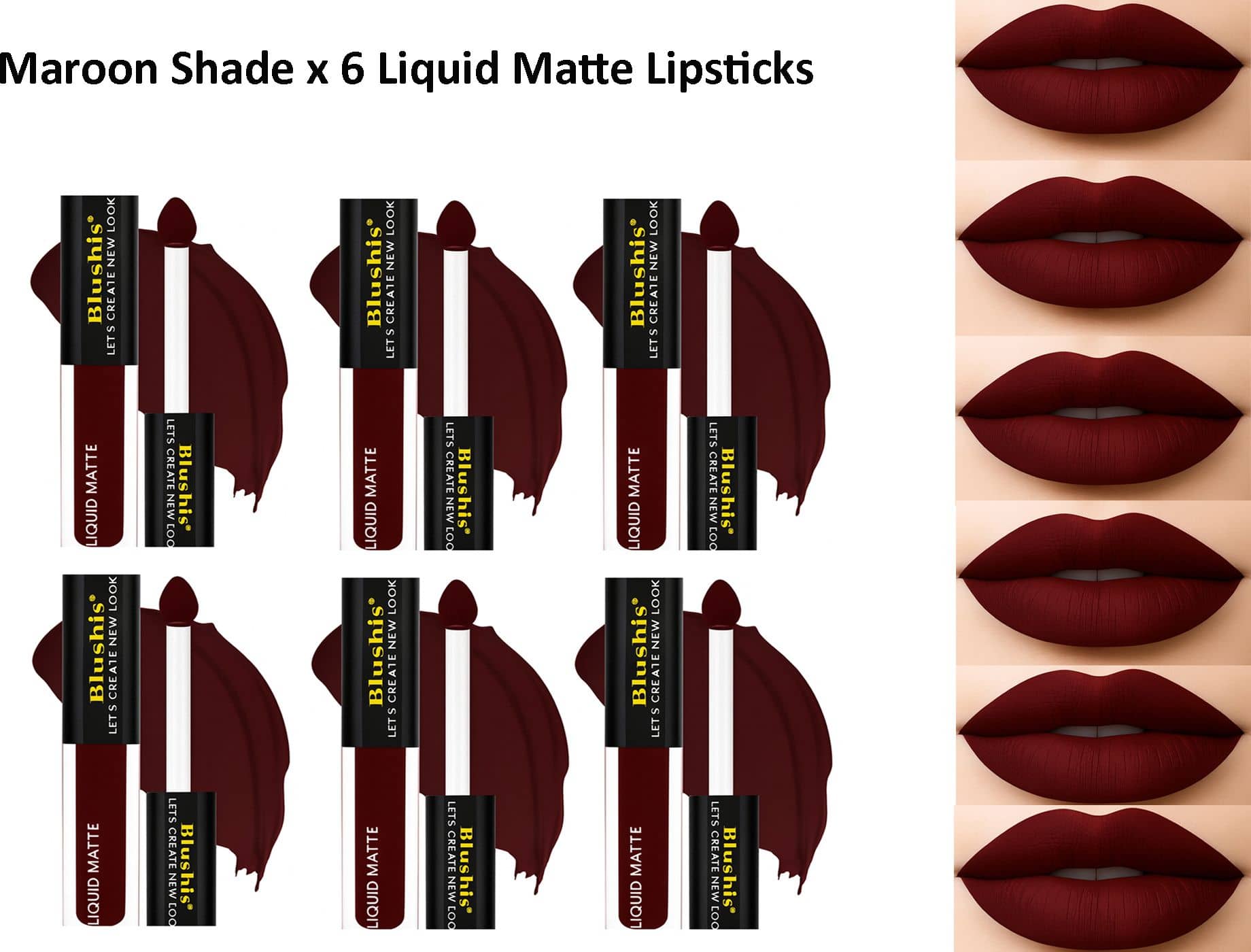 BLUSHIS Maroon Matte Smudge Free Liquid Lipstick ( Pack of 6 )