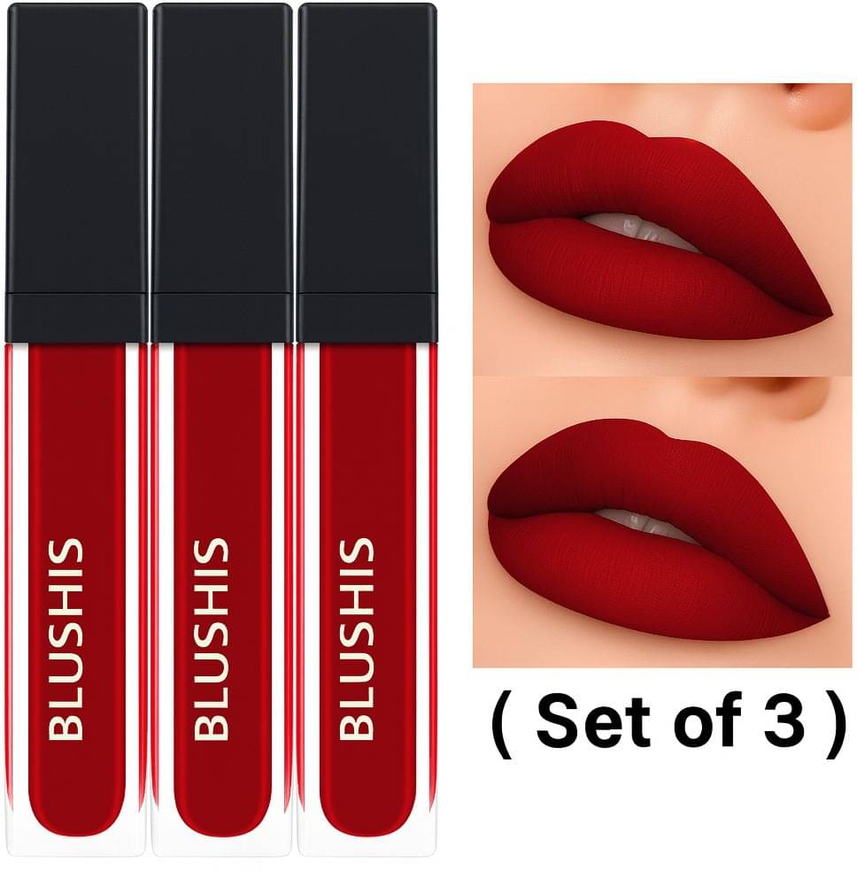     			BLUSHIS Red Matte Smudge Free Liquid Lipstick ( Pack of 3 )