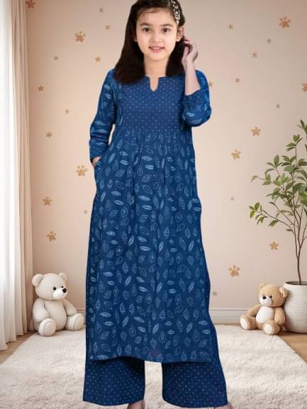     			Bholukart Girls Cotton Blend Kurti with Pants ( Pack of 1 , Blue )