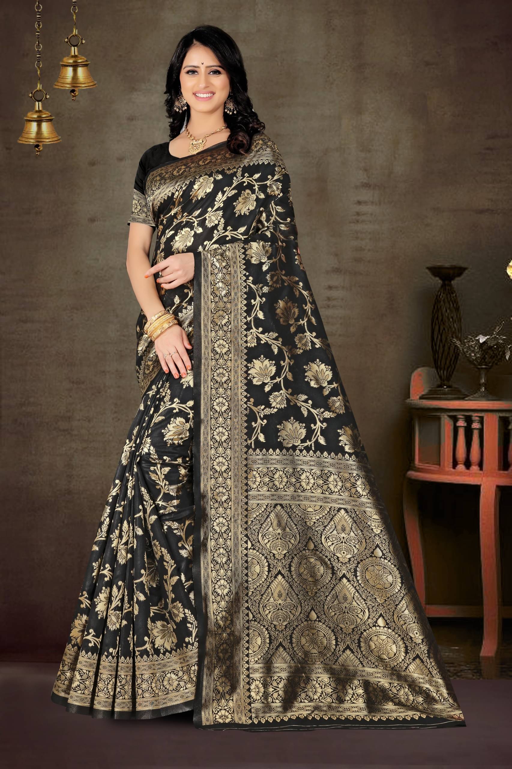     			F Fashion Silk Blend Printed Bandhani Sarees With Unstitched Blouse Piece ( Black )