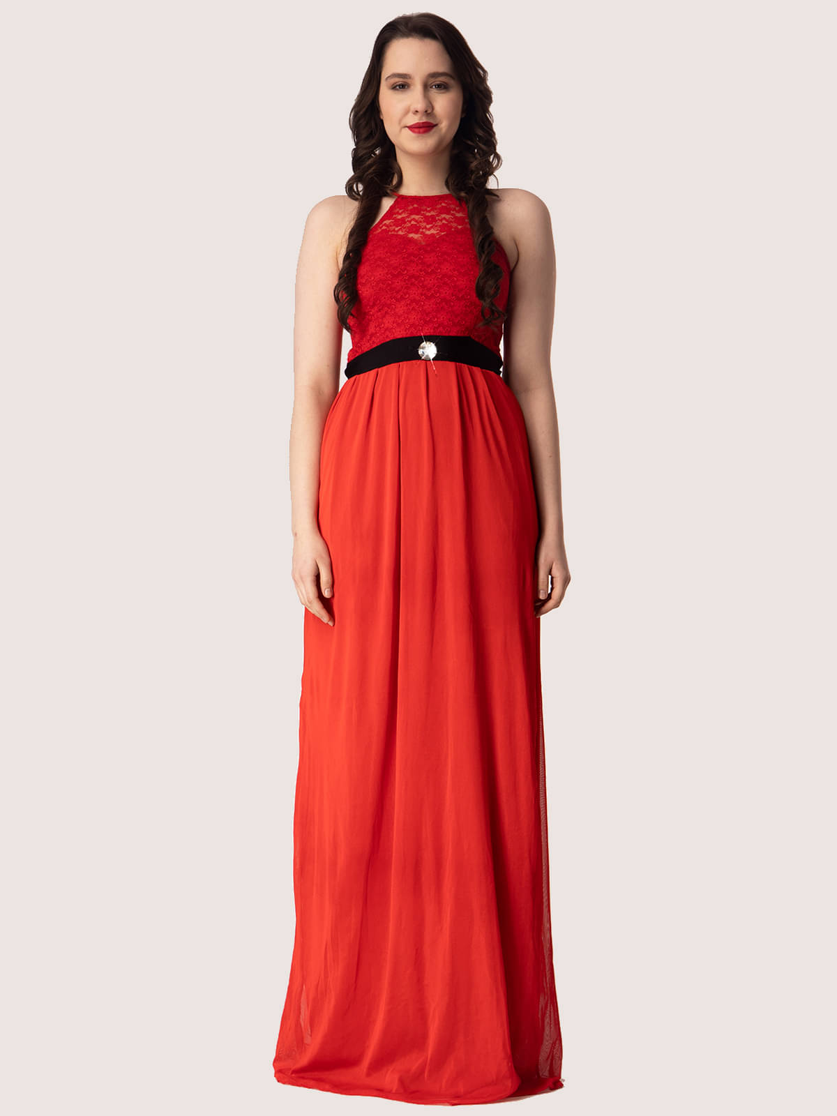 Finian Women Net Self Design A-line Dress ( Red ) Finian Women Net Self Design A-line Dress ( Red )