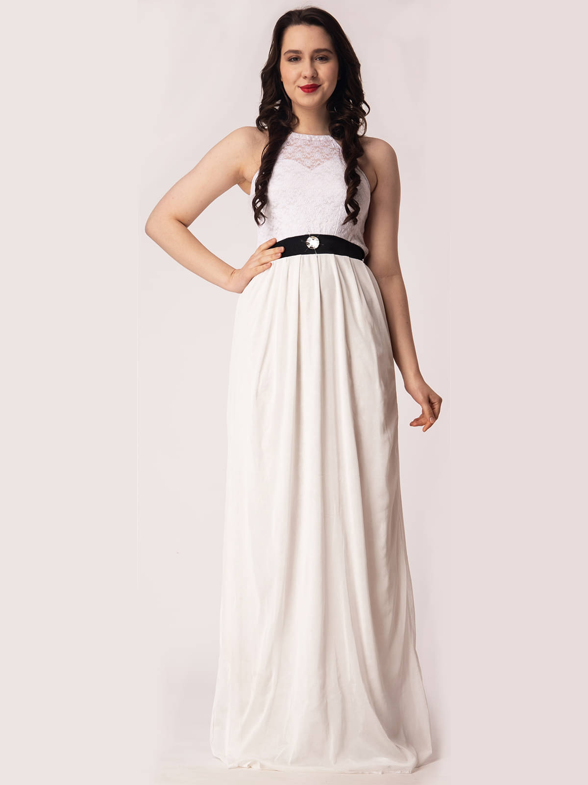     			Finian Women Net Self Design A-line Dress ( White )