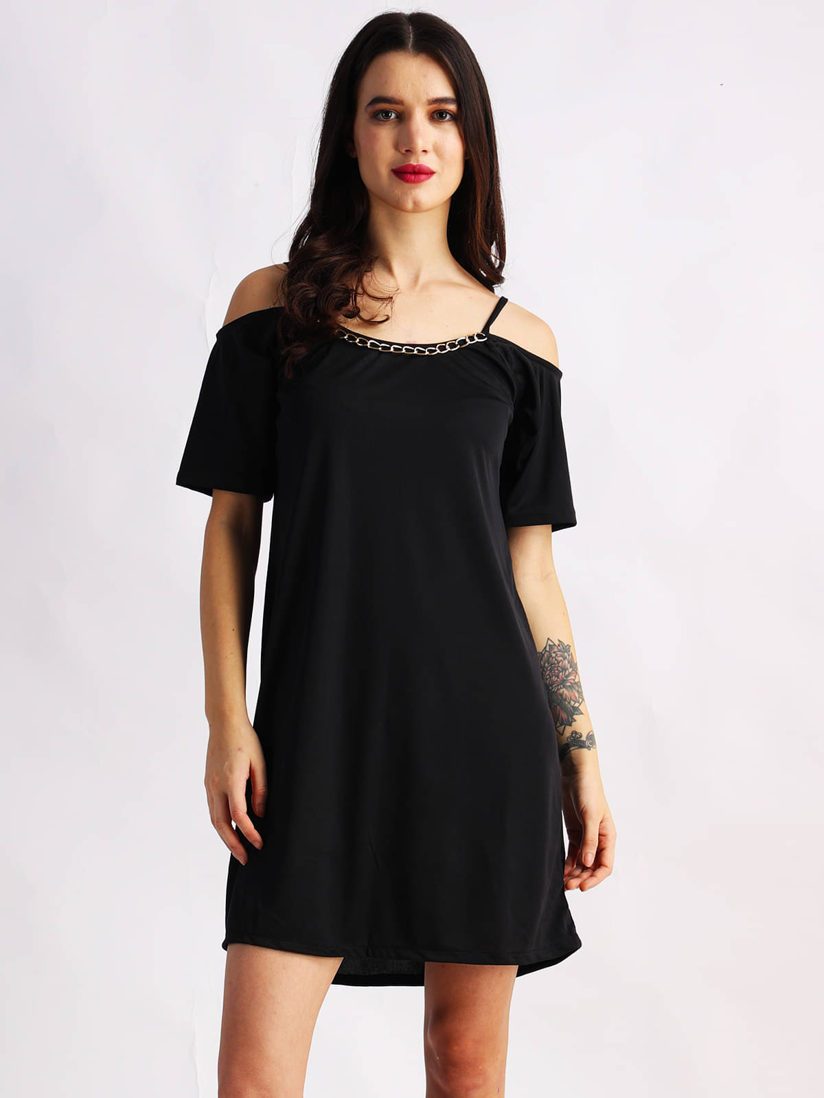     			Finian Women Polyester Solid Off Shoulder Dress ( Black )