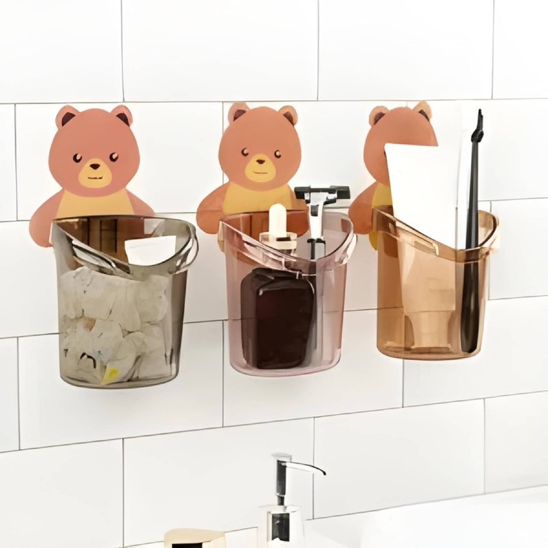     			Flaner Wall Mounted Self-Adhesive Multipurpose Toothbrush Stand for Bathroom Storage Holder for Toothpaste Razor Comb Trimmer Tongue Cleaner Toiletries Organizer(pack of 3) Teddy Bear shaped