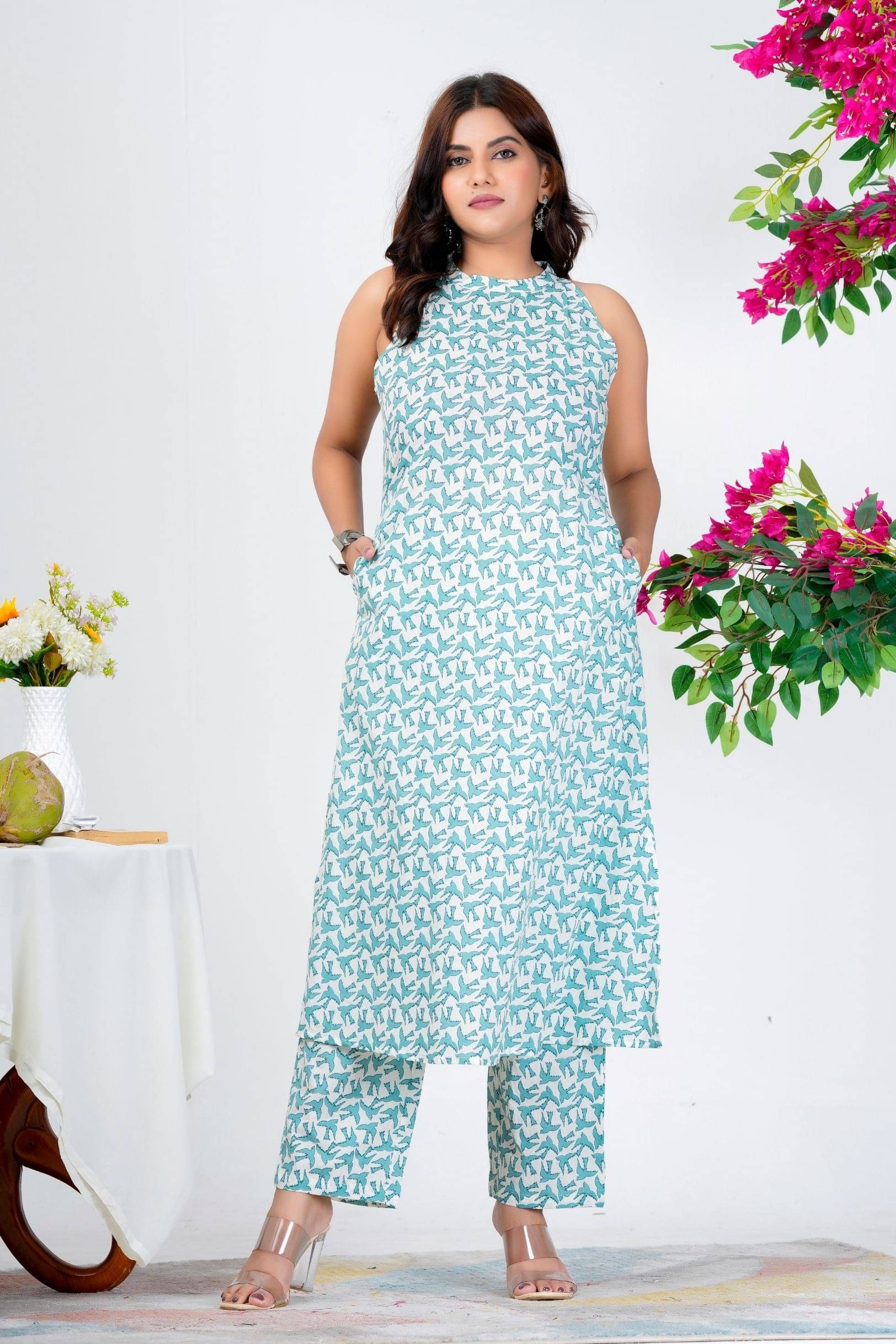     			Frionkandy Women Cotton Printed Ethnic Motifs Kurti With Pants ( Light Blue )