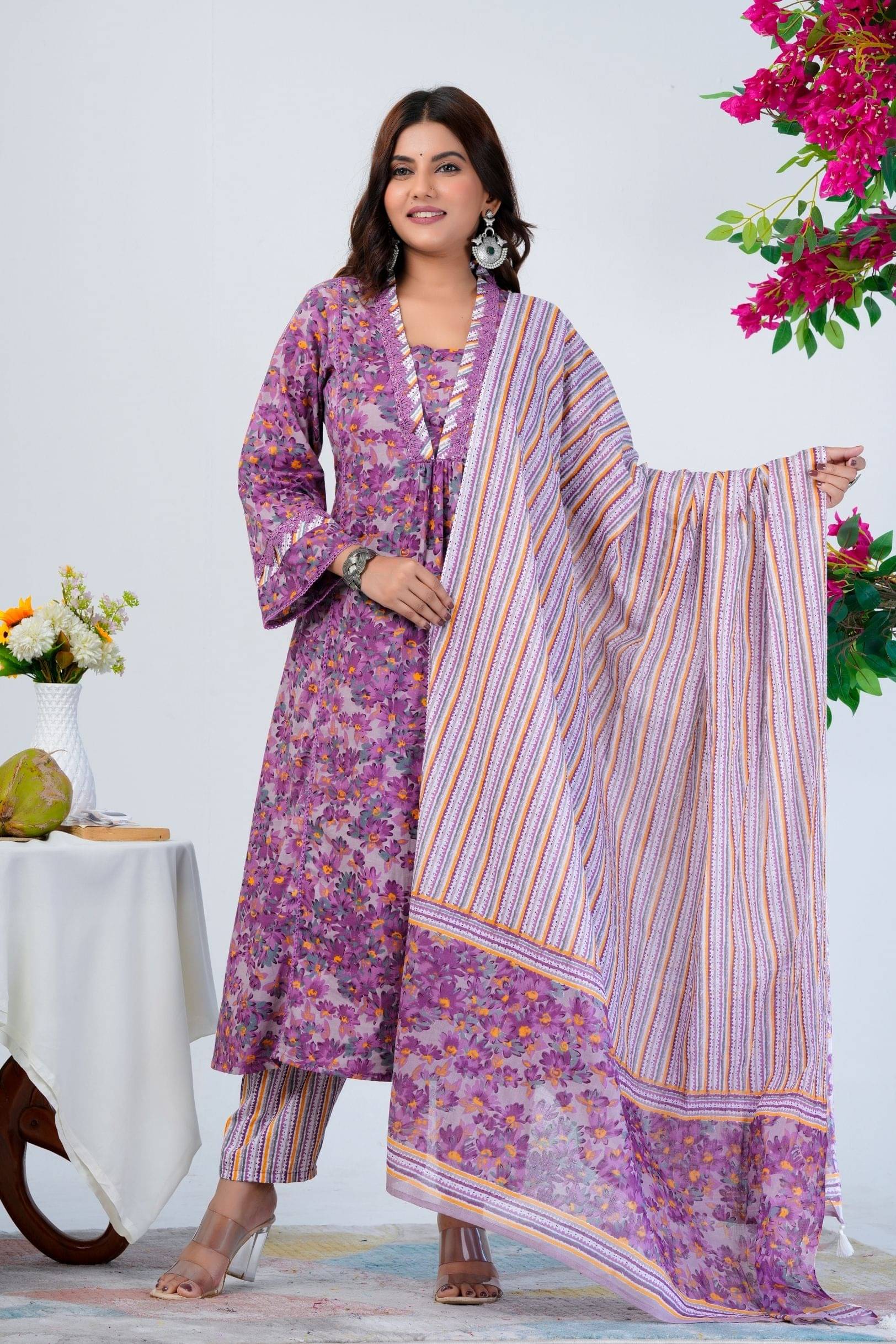     			Frionkandy Women Cotton Printed Ethnic Motifs Kurti With Pants ( Purple )