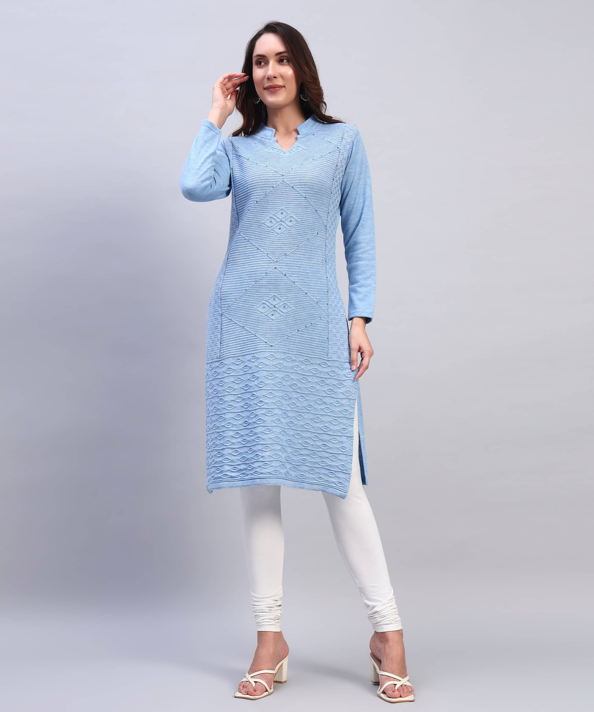 HEMLOCK Women Woollen Self Design Straight Kurti ( Light Blue ) HEMLOCK Women Woollen Self Design Straight Kurti ( Light Blue )