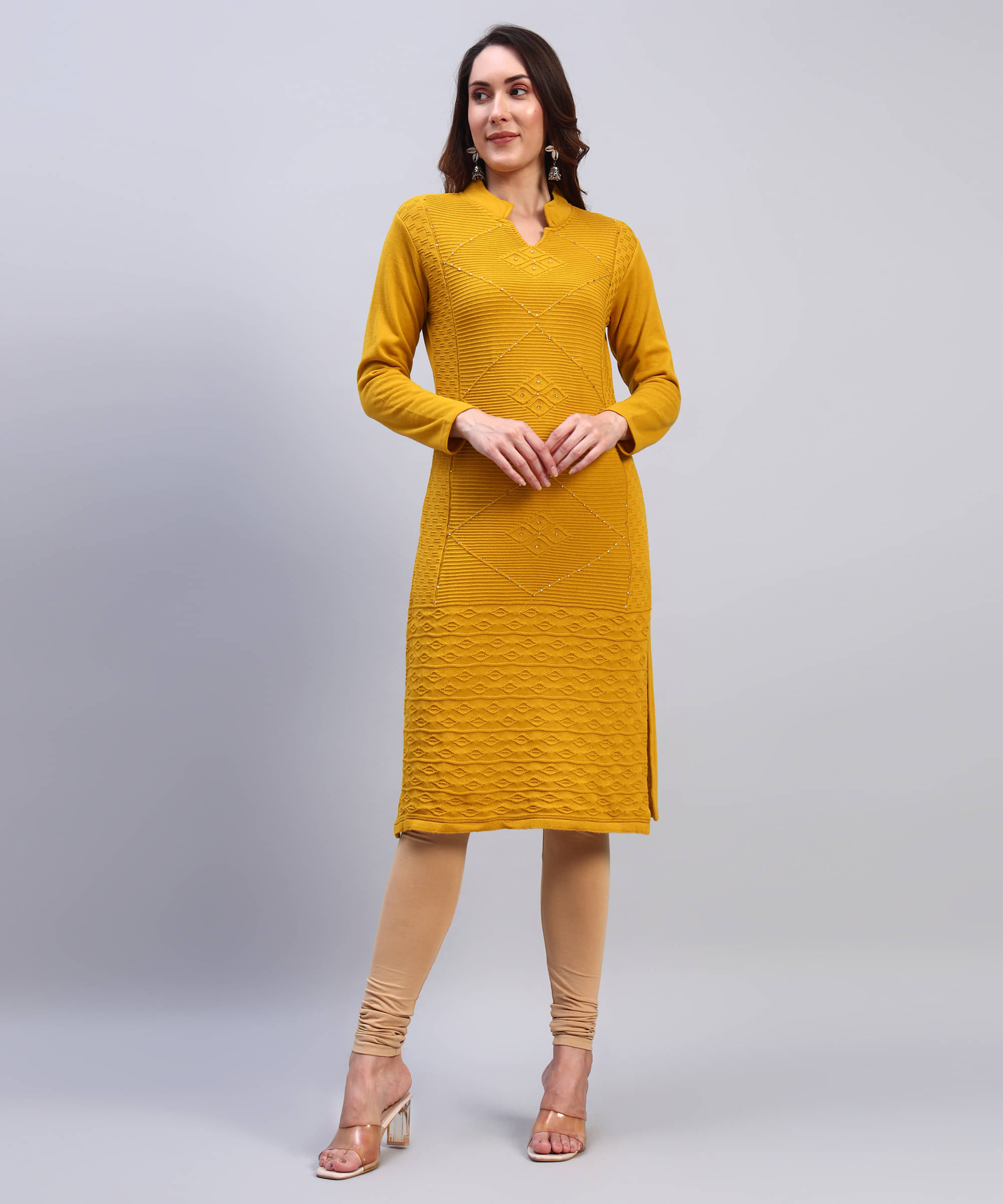     			HEMLOCK Women Woollen Self Design Straight Kurti ( Mustard )