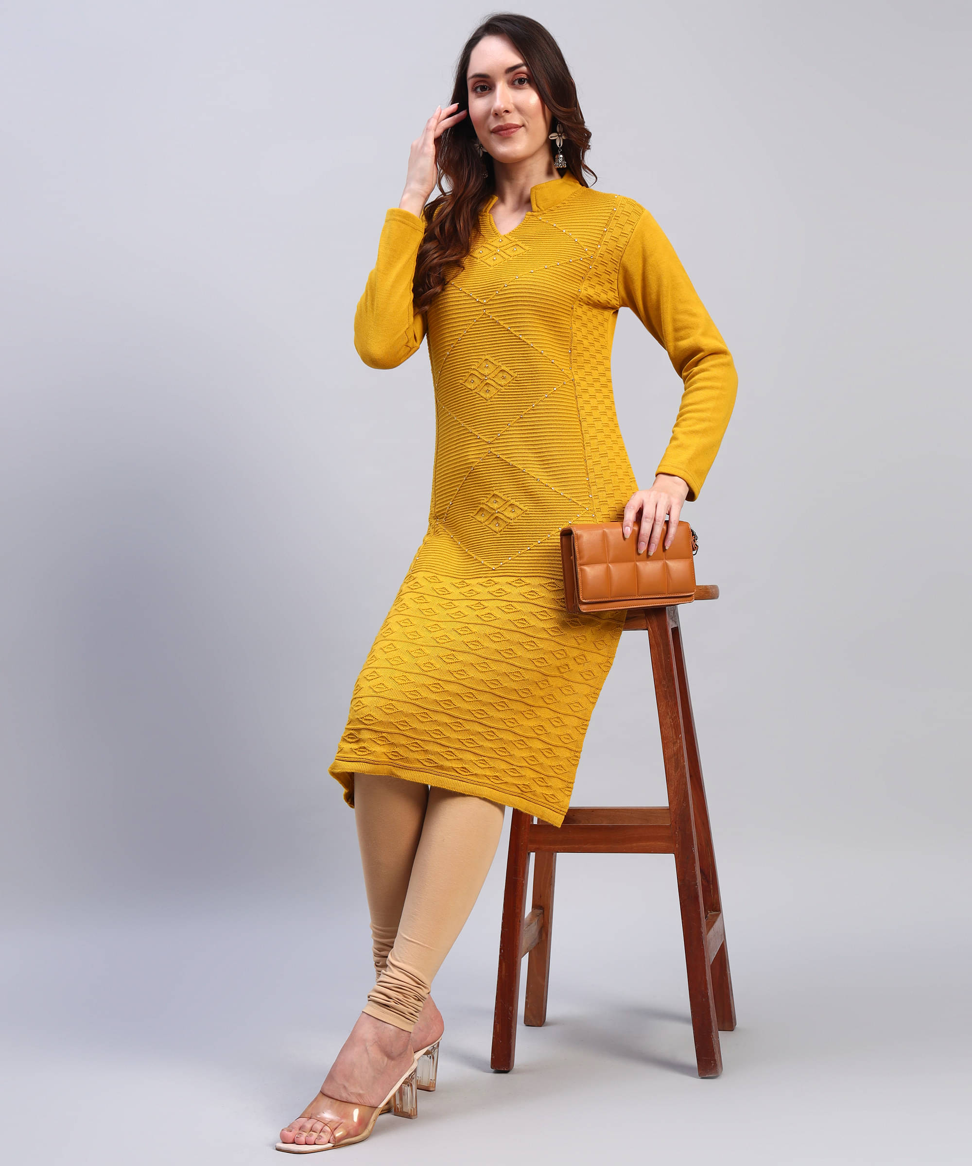     			HEMLOCK Women Woollen Self Design Straight Kurti ( Mustard )