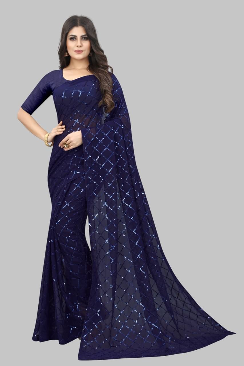    			JULEE Georgette Embroidered Regular Saree With Unstitched Blouse Piece ( Navy Blue )