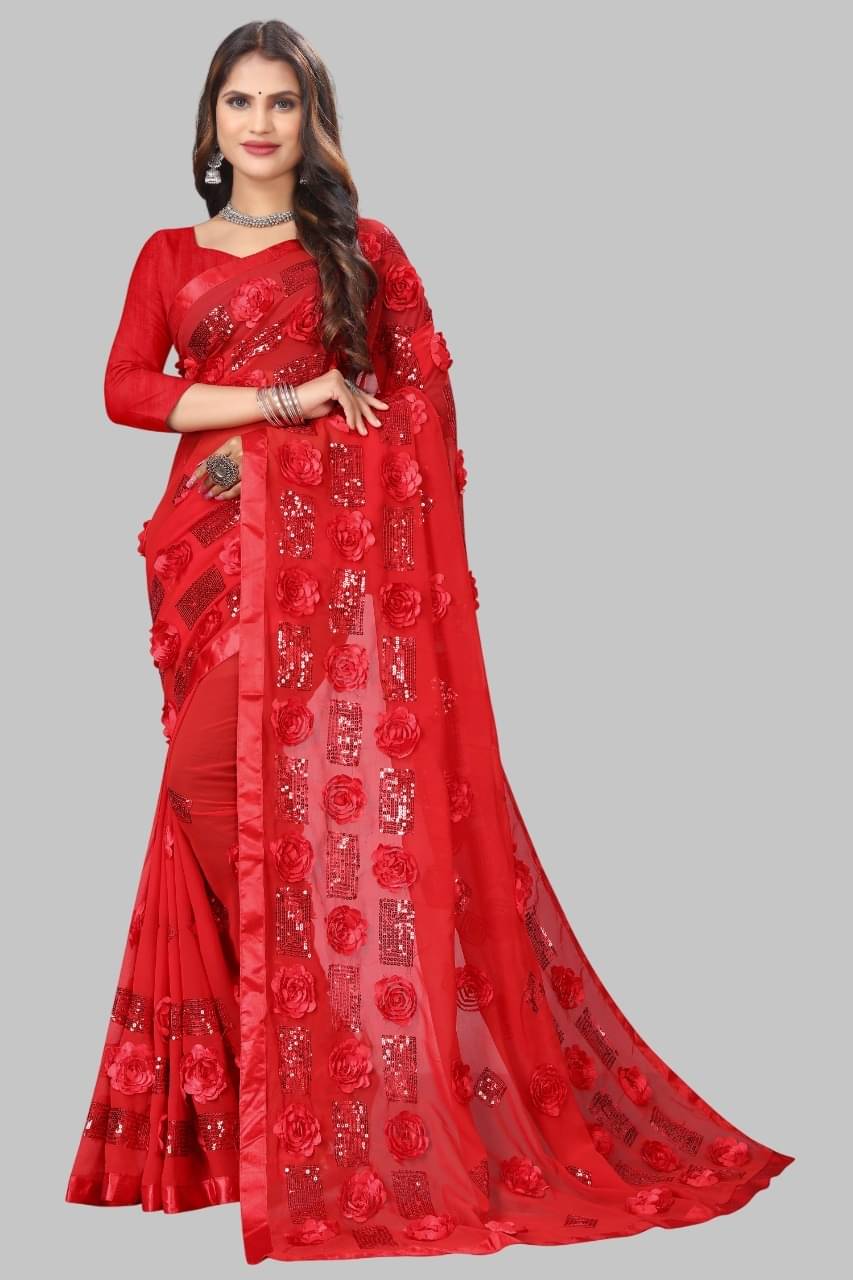     			JULEE Georgette Embroidered Regular Saree With Unstitched Blouse Piece ( Red )