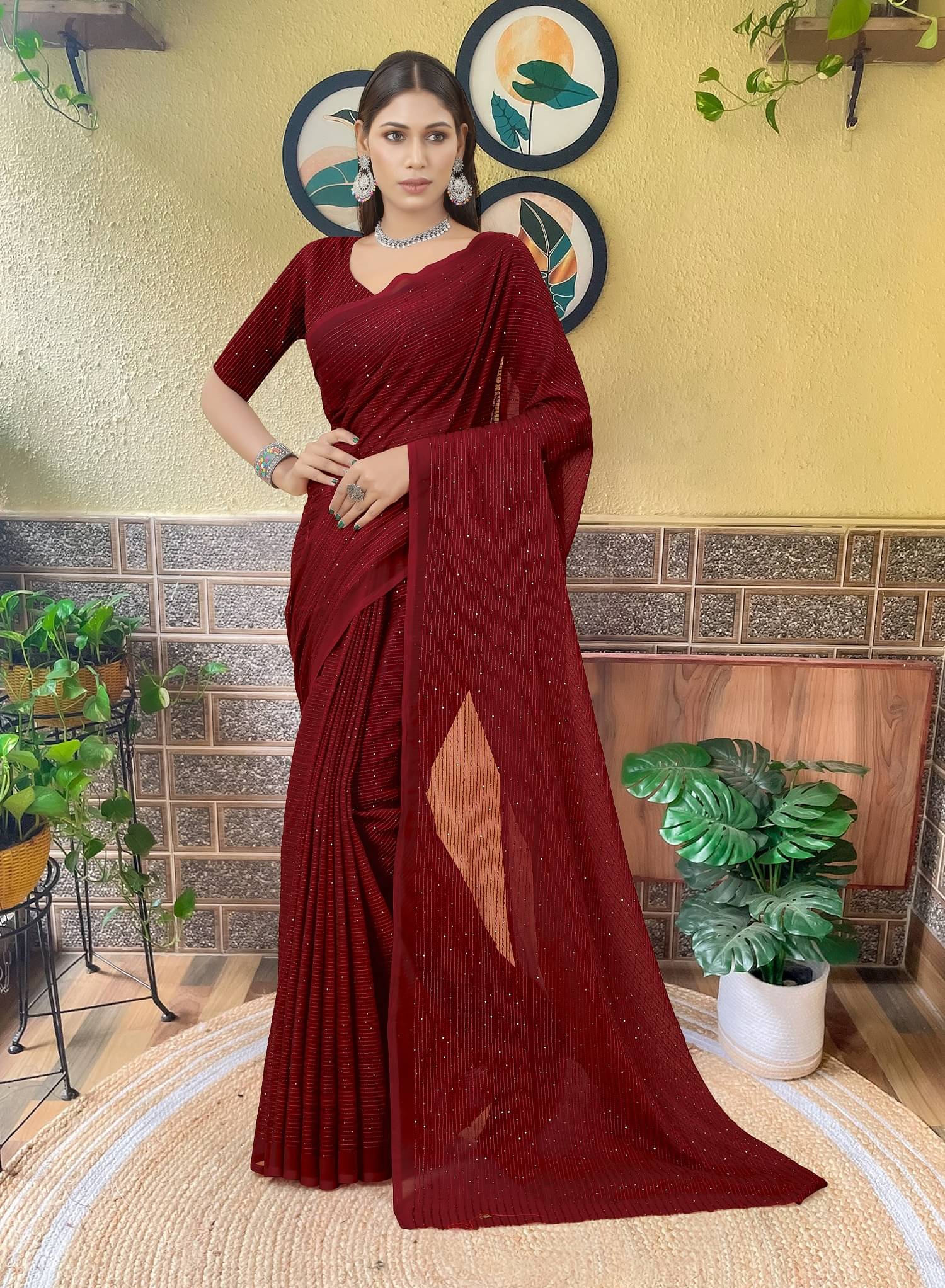     			JULEE Georgette Embroidered Regular Saree With Unstitched Blouse Piece ( Maroon )