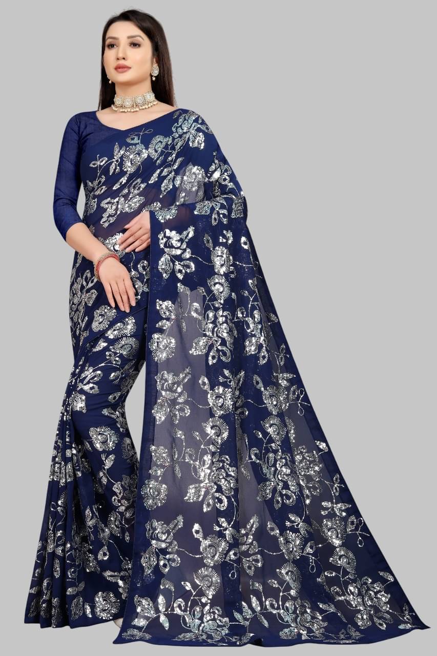     			JULEE Georgette Embroidered Regular Saree With Unstitched Blouse Piece ( Navy Blue )