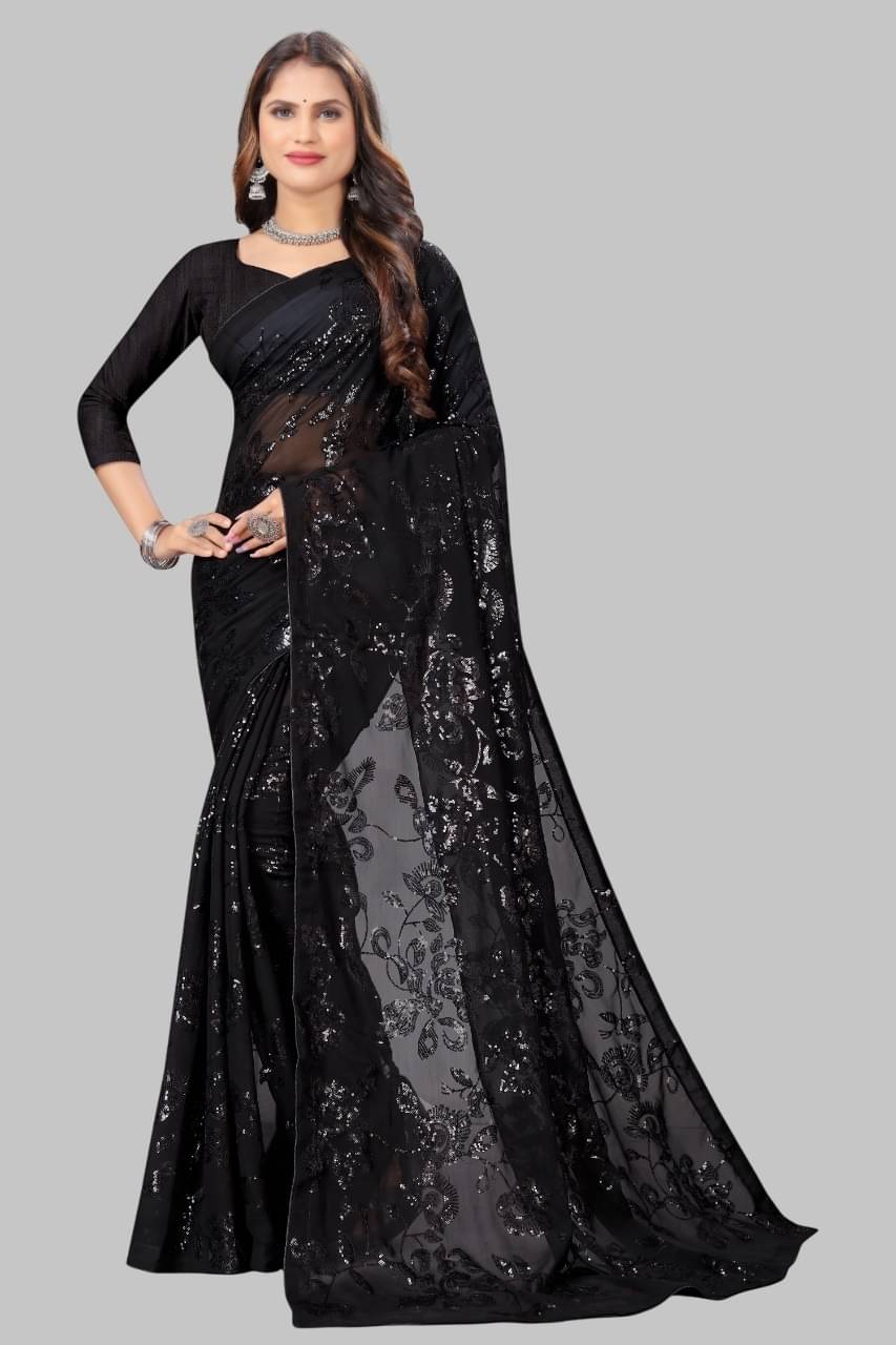 JULEE Georgette Embroidered Regular Saree With Unstitched Blouse Piece ( Black ) JULEE Georgette Embroidered Regular Saree With Unstitched Blouse Piece ( Black )