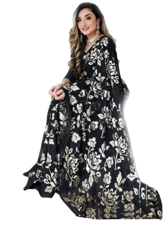 JULEE Georgette Embroidered Regular Saree With Unstitched Blouse Piece ( Black ) JULEE Georgette Embroidered Regular Saree With Unstitched Blouse Piece ( Black )