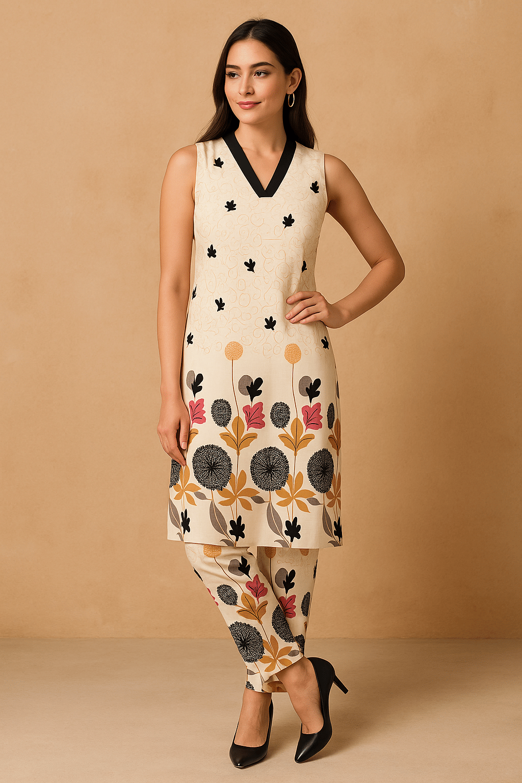 Jivandhara Women Cotton Blend Self Design A-line Kurti With Pants ( Cream ) Jivandhara Women Cotton Blend Self Design A-line Kurti With Pants ( Cream )