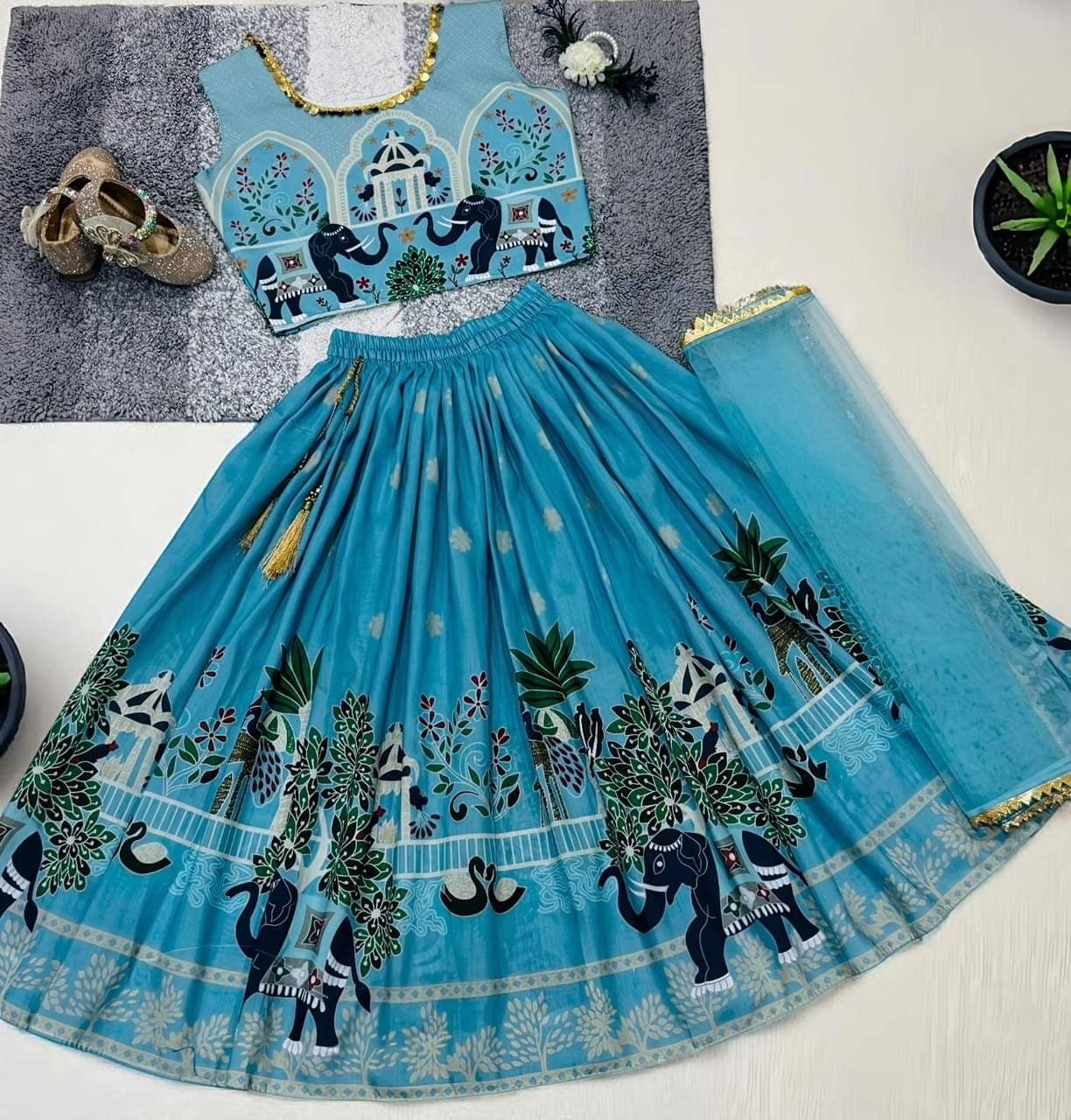     			KC Kunj Creation Cotton Lehenga Choli Set For Girls ( Pack of 1 , Blue )