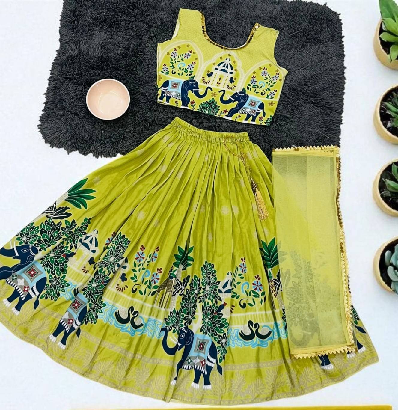     			KC Kunj Creation Cotton Lehenga Choli Set For Girls ( Pack of 1 , Green )