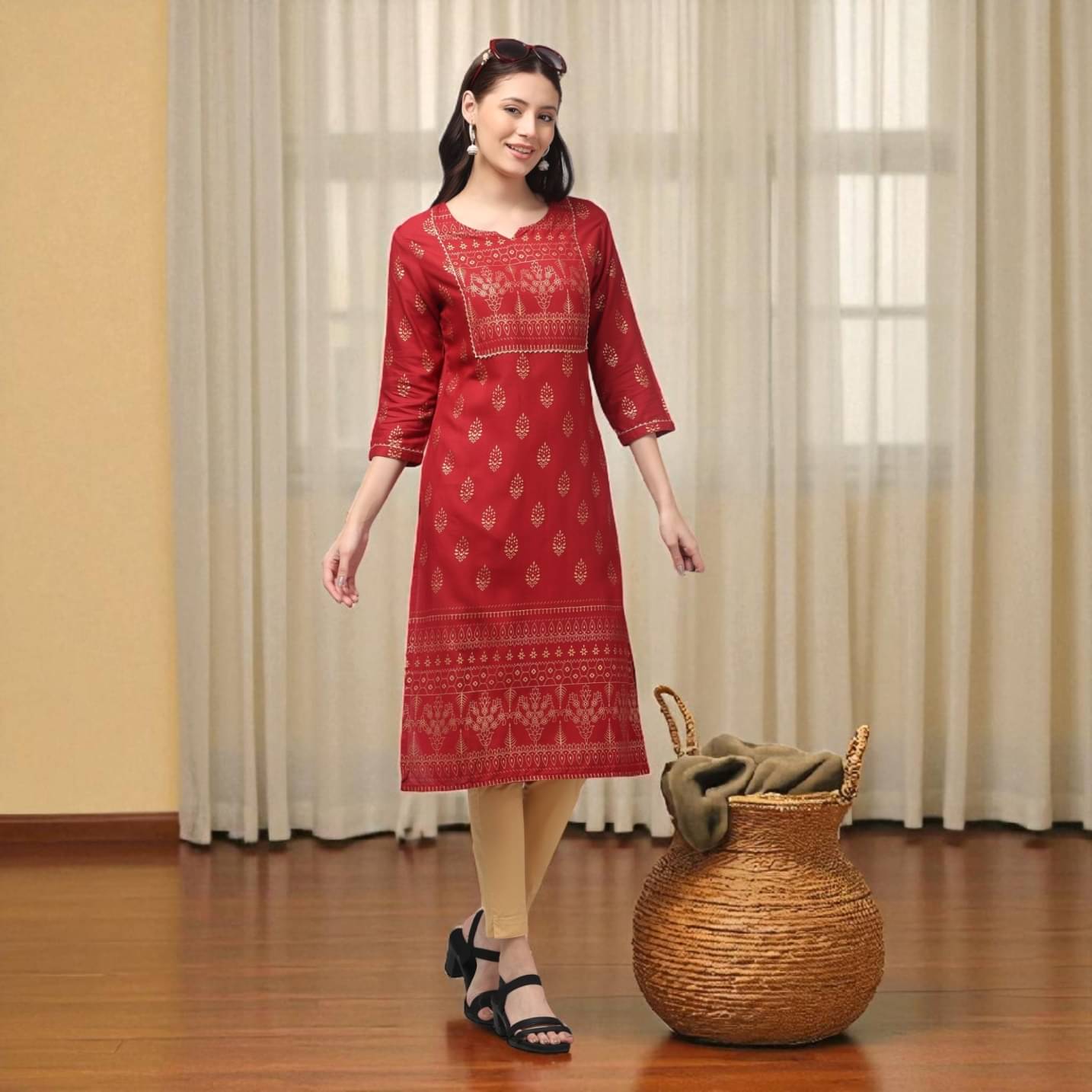     			KRIJAY Women Rayon Printed A-line Kurti ( Red )