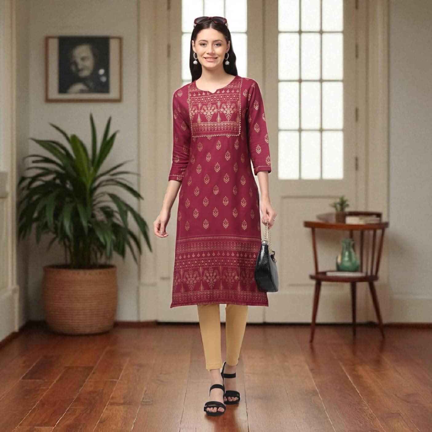     			KRIJAY Women Rayon Printed A-line Kurti ( Maroon )
