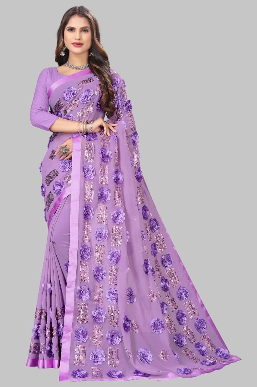     			Lady Shopi Georgette Embroidered Regular Saree With Unstitched Blouse Piece ( Lavender )