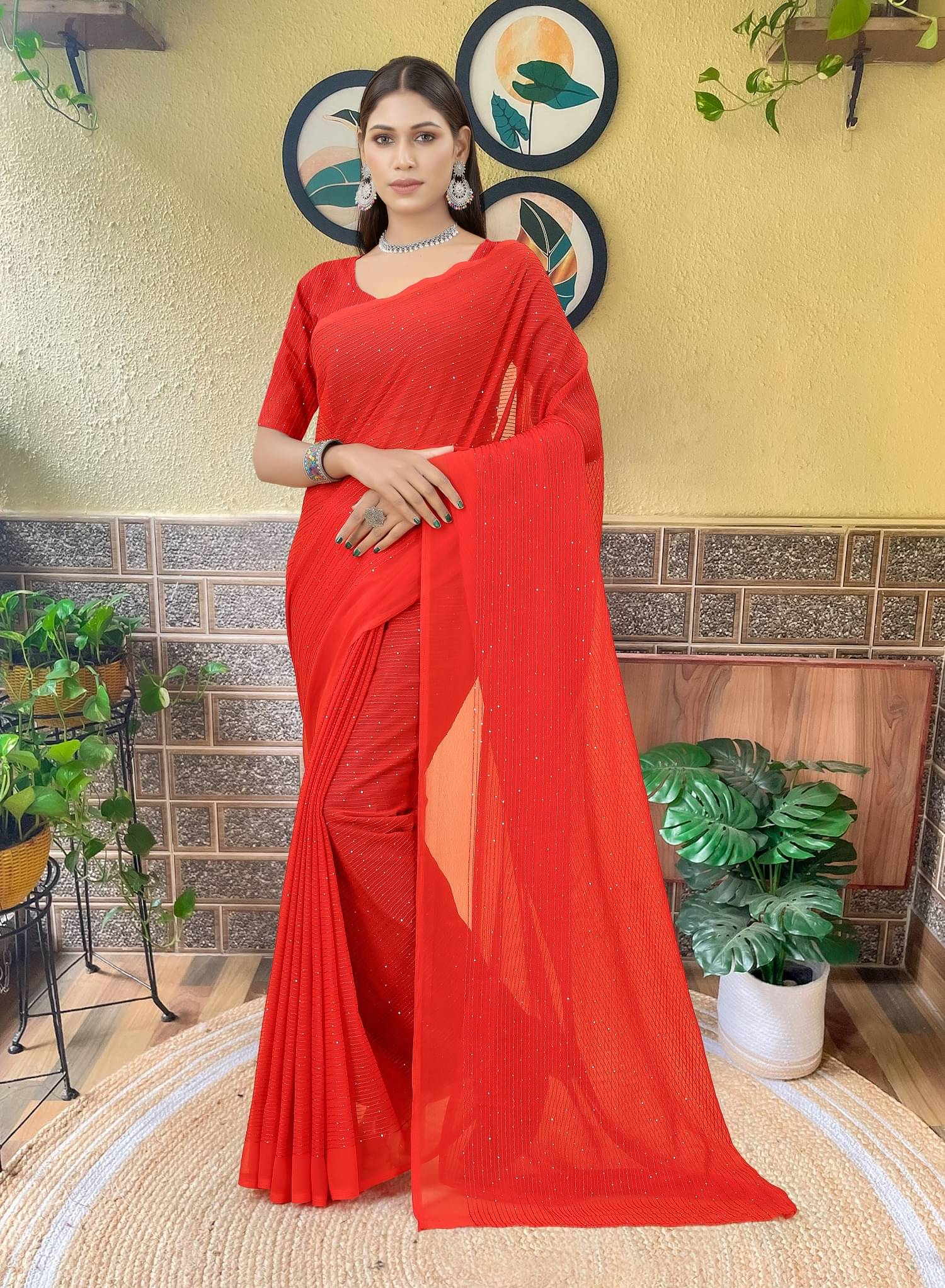     			Lady Shopi Georgette Embroidered Regular Saree With Unstitched Blouse Piece ( Red )