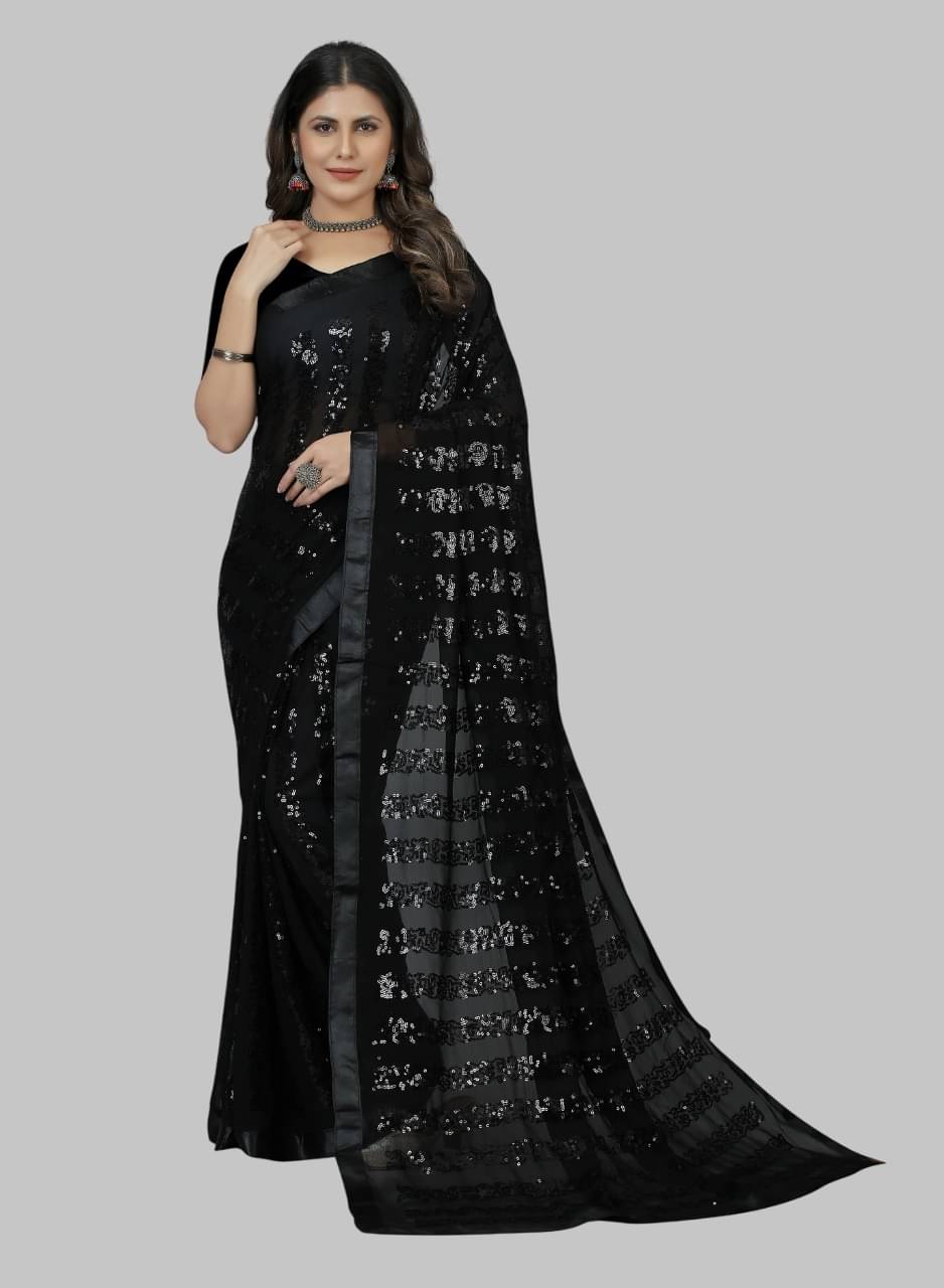 Lady Shopi Georgette Embroidered Regular Saree With Unstitched Blouse Piece ( Black )     			Lady Shopi Georgette Embroidered Regular Saree With Unstitched Blouse Piece ( Black )