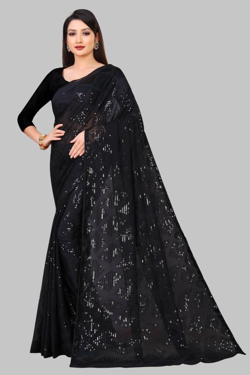 Lady Shopi Georgette Embroidered Regular Saree With Unstitched Blouse Piece ( Black ) Lady Shopi Georgette Embroidered Regular Saree With Unstitched Blouse Piece ( Black )