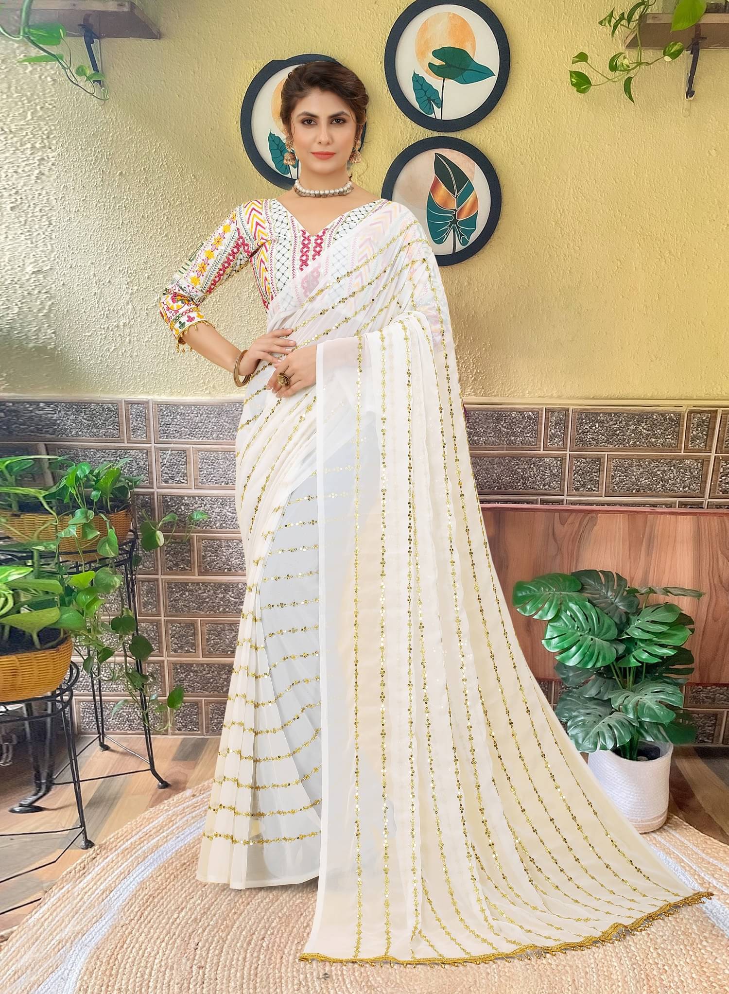     			Lady Shopi Georgette Embroidered Regular Saree With Unstitched Blouse Piece ( White )
