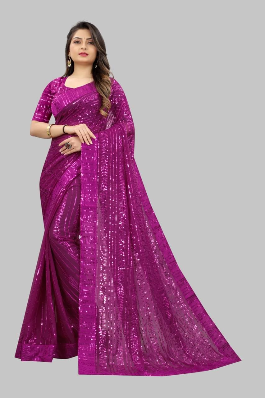     			Lady Shopi Georgette Embroidered Regular Saree With Unstitched Blouse Piece ( Rani )
