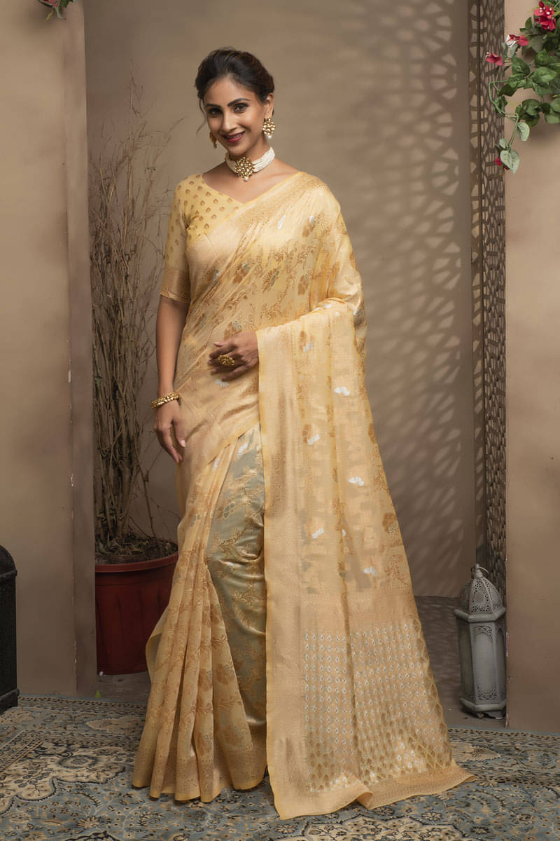     			Lilots Cotton Blend Woven Regular Saree With Unstitched Blouse Piece ( Cream )