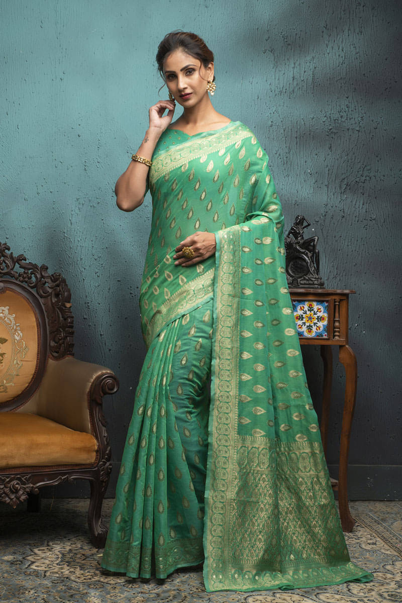 Lilots Cotton Blend Woven Regular Saree With Unstitched Blouse Piece ( Sea Green )     			Lilots Cotton Blend Woven Regular Saree With Unstitched Blouse Piece ( Sea Green )