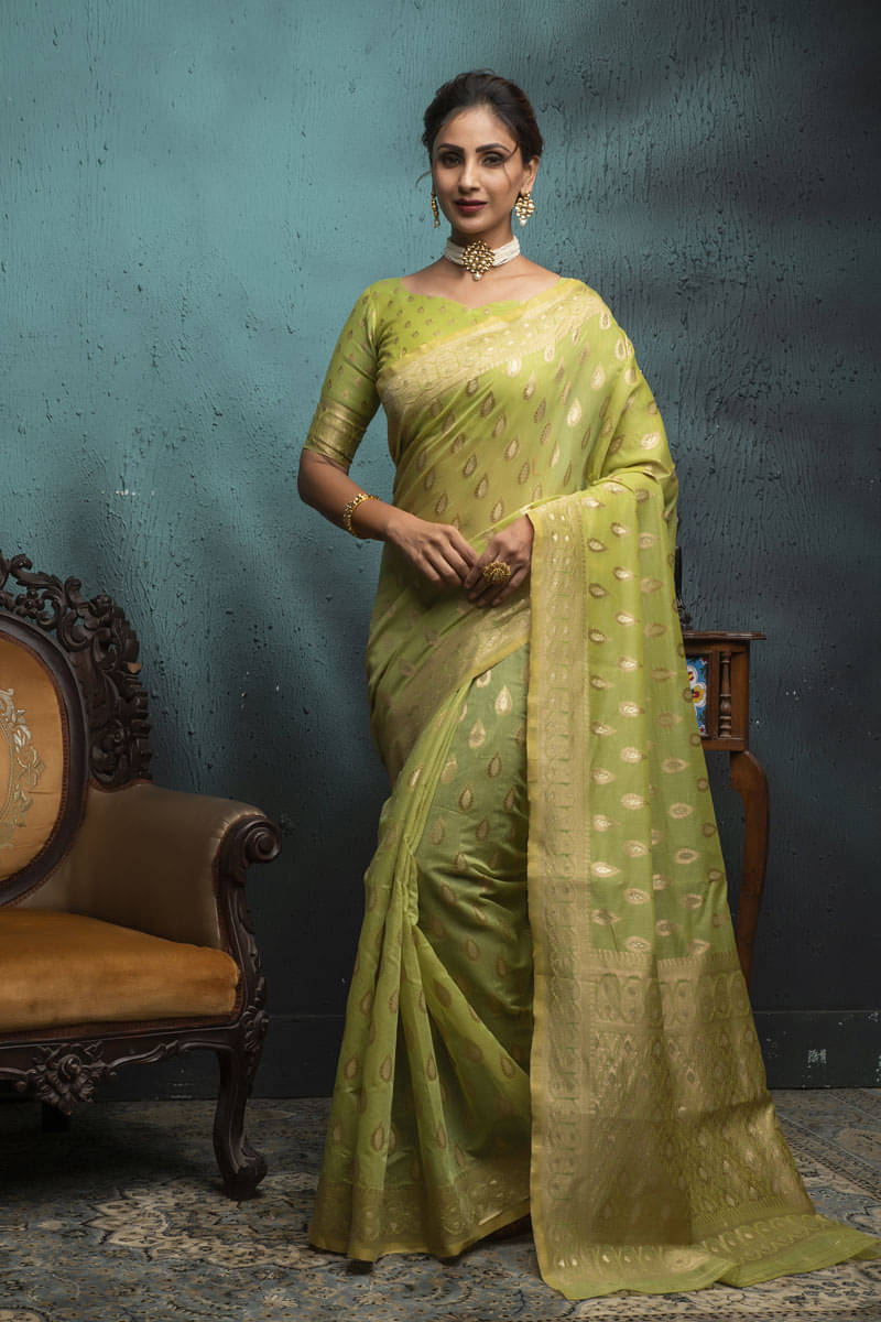     			Lilots Cotton Blend Woven Regular Saree With Unstitched Blouse Piece ( Olive )