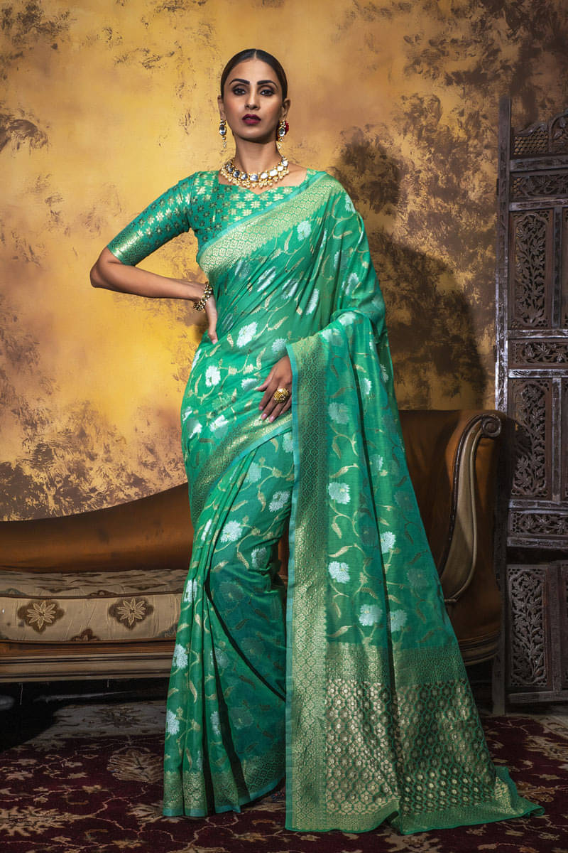     			Lilots Cotton Blend Woven Regular Saree With Unstitched Blouse Piece ( Sea Green )