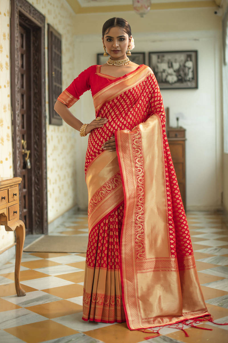 Lilots Silk Blend Woven Regular Saree With Unstitched Blouse Piece ( Red ) Lilots Silk Blend Woven Regular Saree With Unstitched Blouse Piece ( Red )