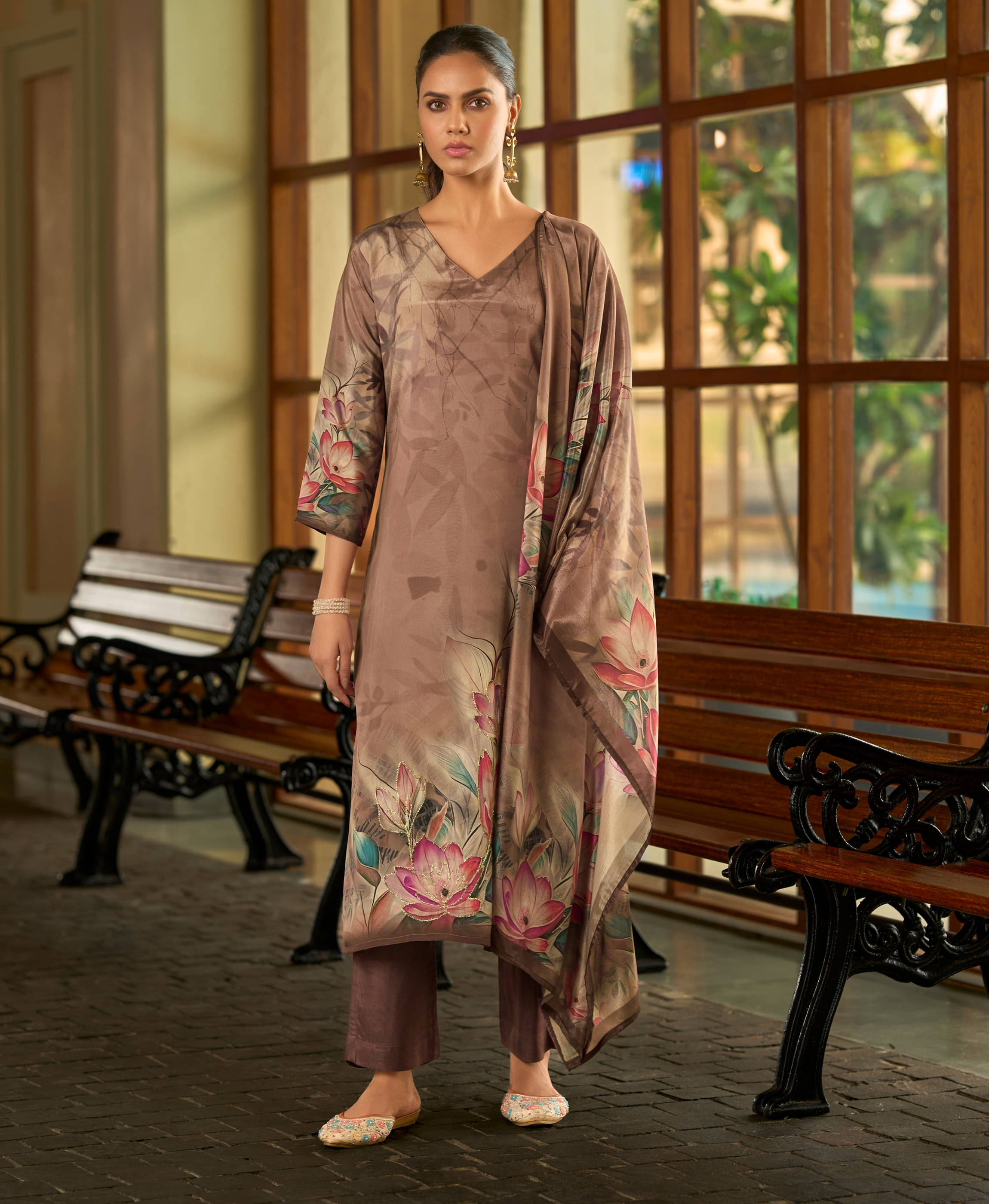     			MOJILAA Women Silk Blend Printed Straight Kurti With Pants ( Brown )