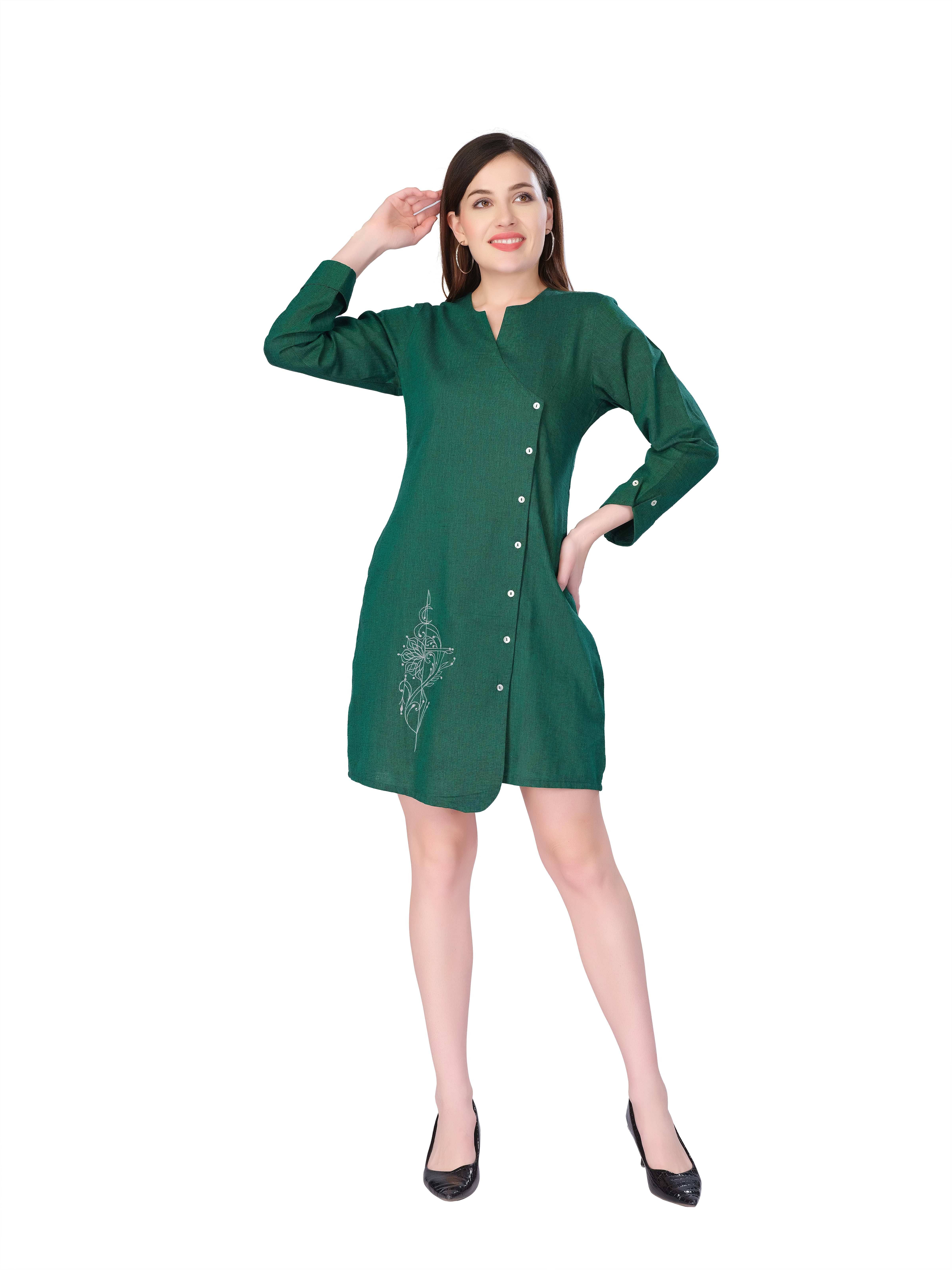 Mantra Fashion Women Cotton Embroidered Fit & Flare Dress ( Green )