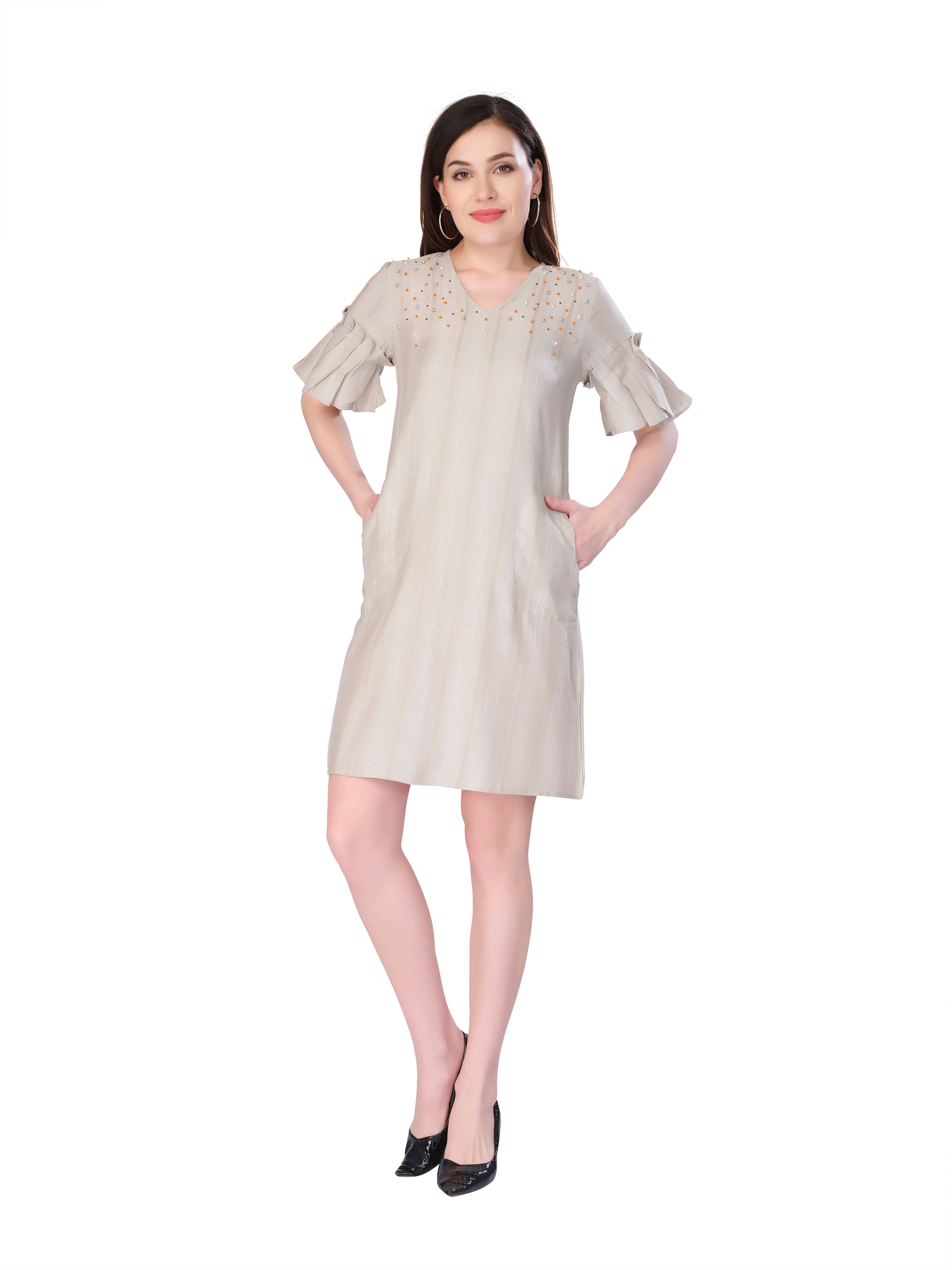 Mantra Fashion Women Cotton Striped Fit & Flare Dress ( Beige )