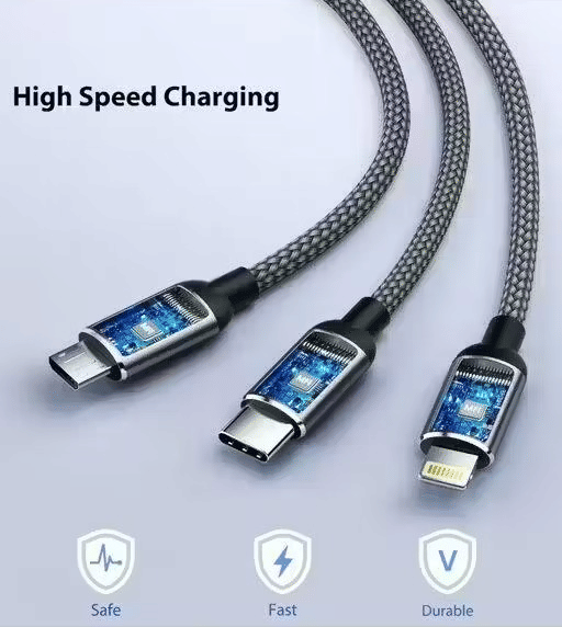     			Multi-Functional Charging & Data Cable – 3-in-1 Type-C, Micro USB, and Lightning Connectors for Smartphones – 1.5 Meter Braided Cable (Heavy Duty)
