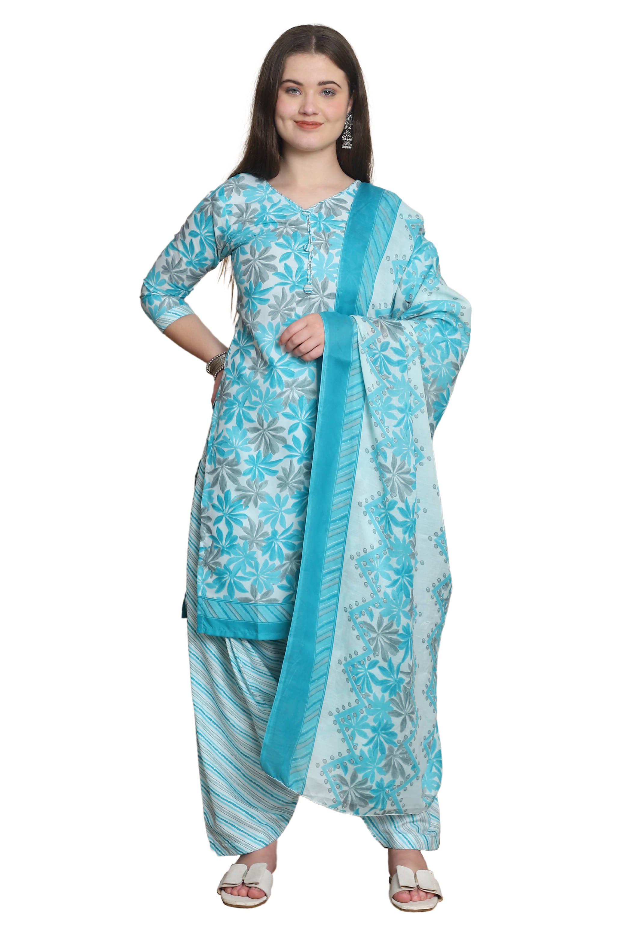ROLYPOLY Women Cotton Blend Printed Straight Kurti With Patiala Salwar ( Turquoise )     			ROLYPOLY Women Cotton Blend Printed Straight Kurti With Patiala Salwar ( Turquoise )