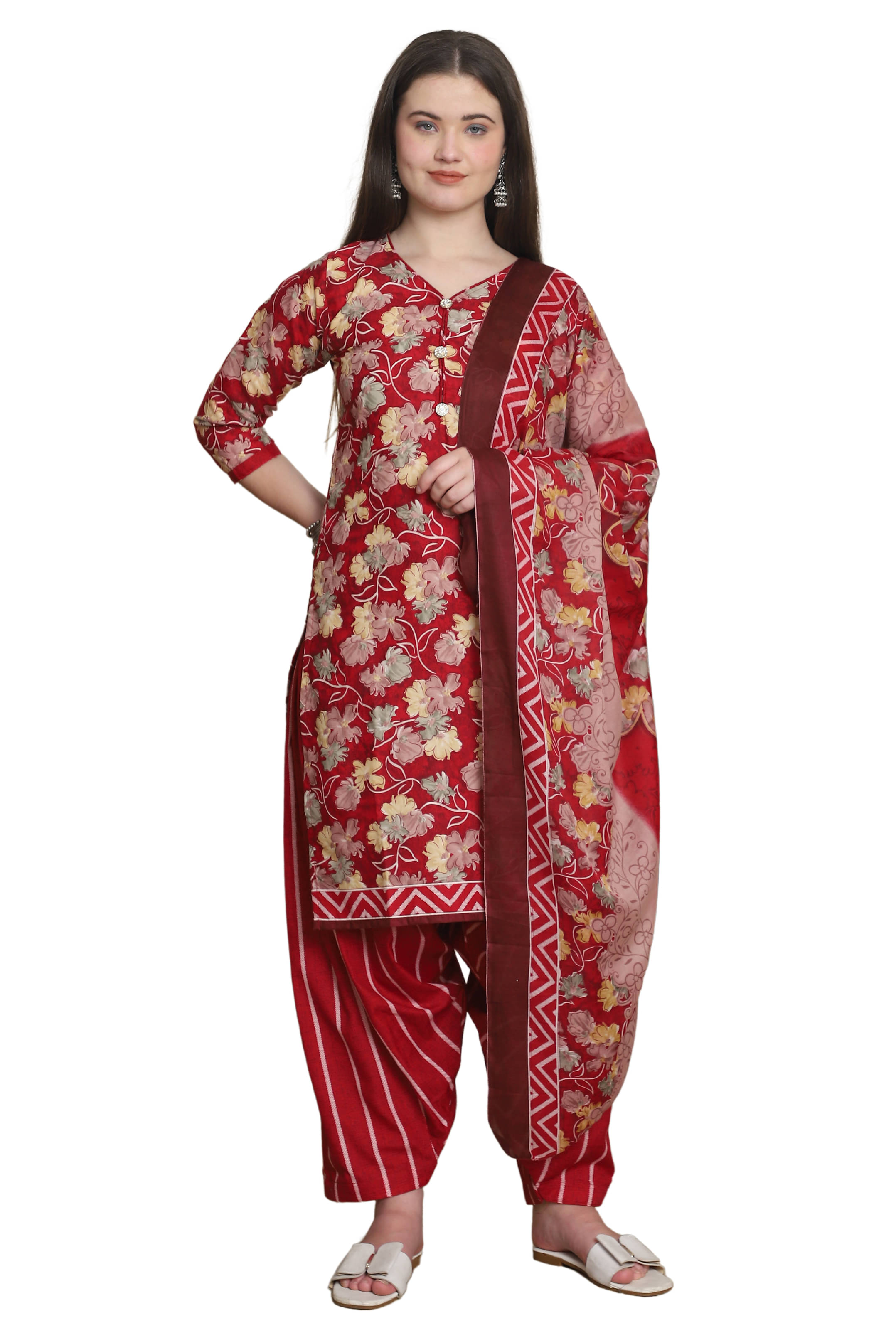     			ROLYPOLY Women Cotton Blend Printed Straight Kurti With Patiala Salwar ( Red )