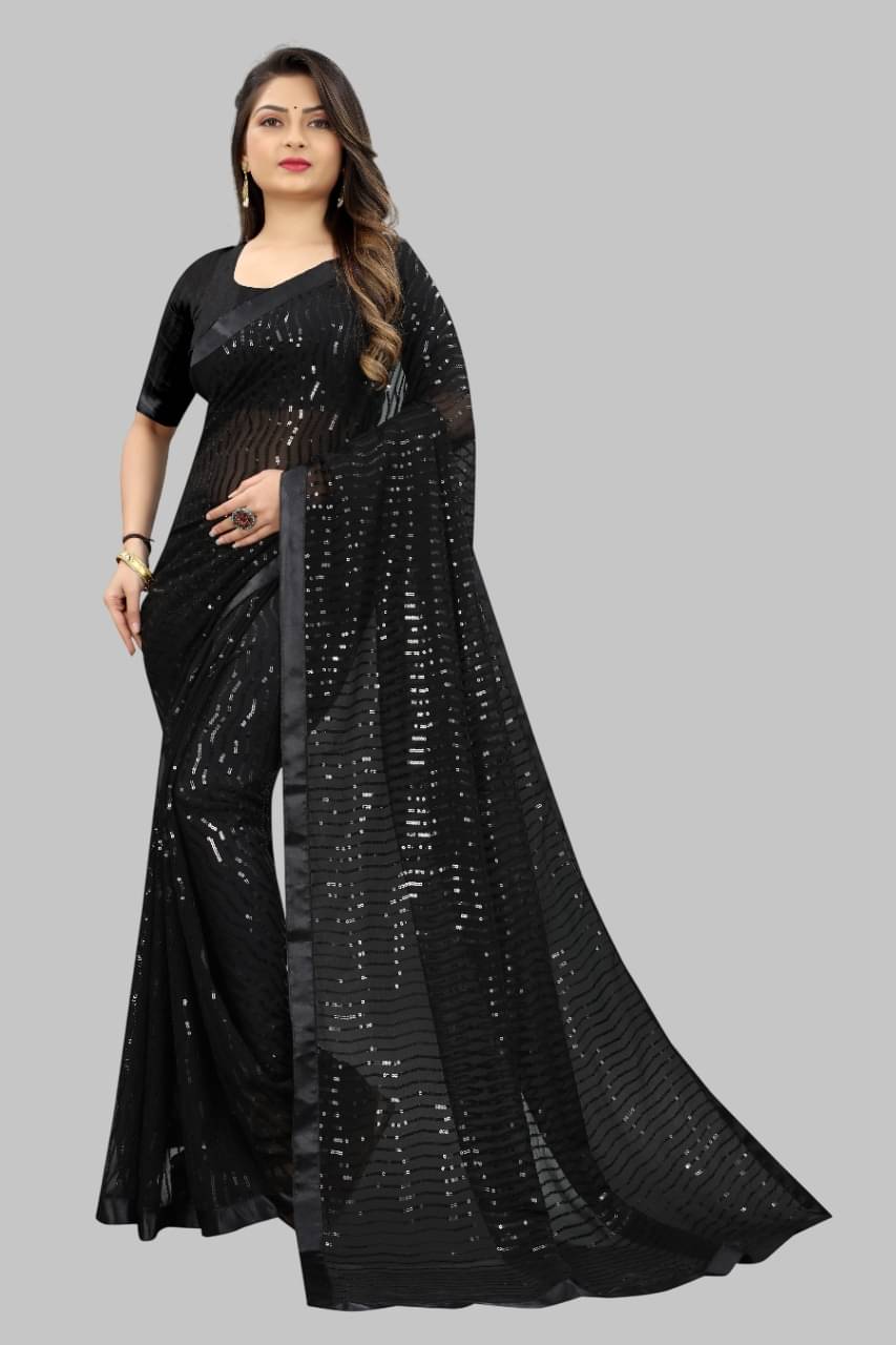     			SATVASHIV Georgette Embroidered Regular Saree With Unstitched Blouse Piece ( Black )