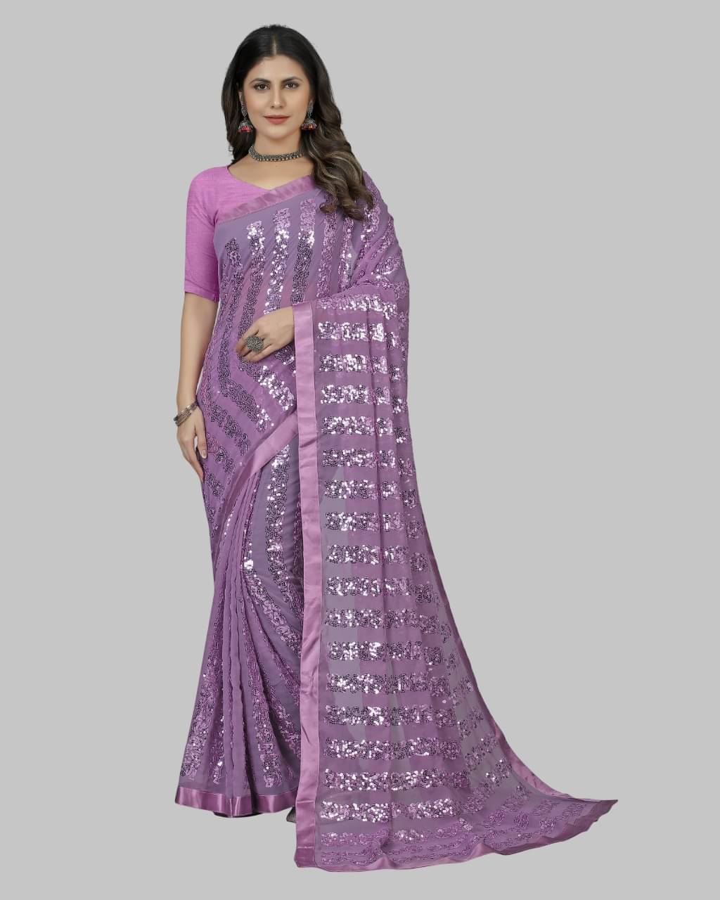 SATVASHIV Georgette Embroidered Regular Saree With Unstitched Blouse Piece ( Mauve )     			SATVASHIV Georgette Embroidered Regular Saree With Unstitched Blouse Piece ( Mauve )