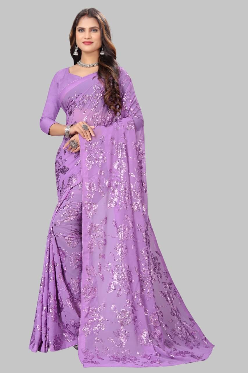 SATVASHIV Georgette Embroidered Regular Saree With Unstitched Blouse Piece ( Lavender ) SATVASHIV Georgette Embroidered Regular Saree With Unstitched Blouse Piece ( Lavender )