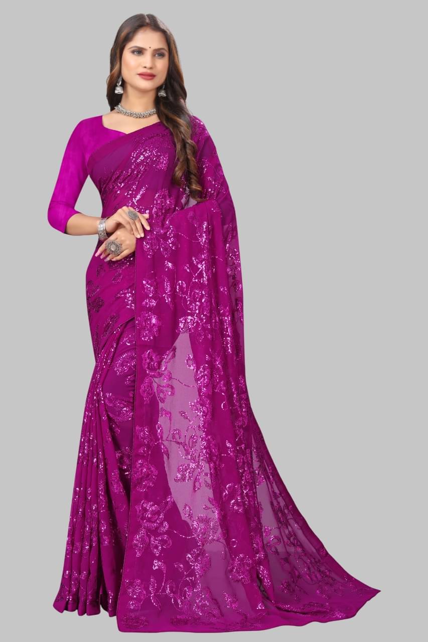     			SATVASHIV Georgette Embroidered Regular Saree With Unstitched Blouse Piece ( Rani )