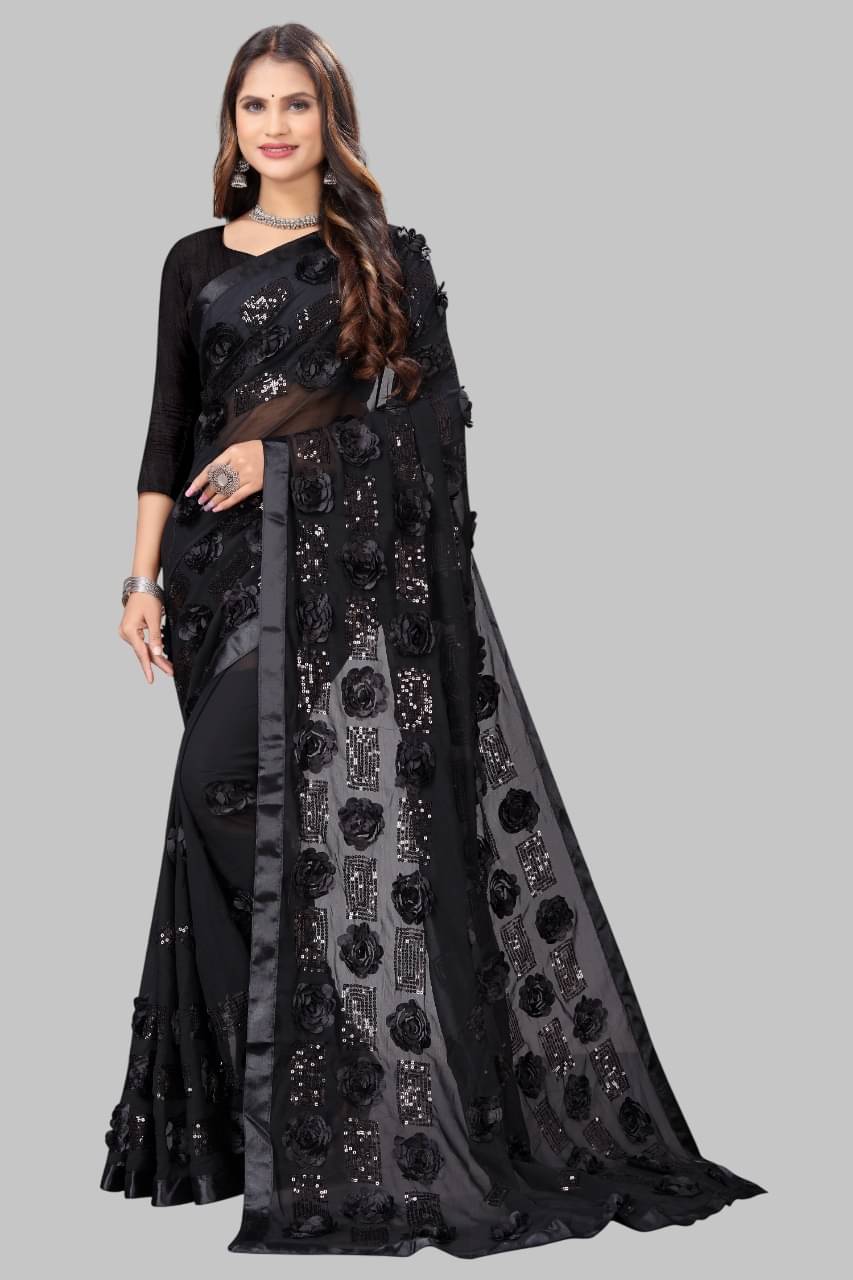     			SATVASHIV Georgette Embroidered Regular Saree With Unstitched Blouse Piece ( Black )
