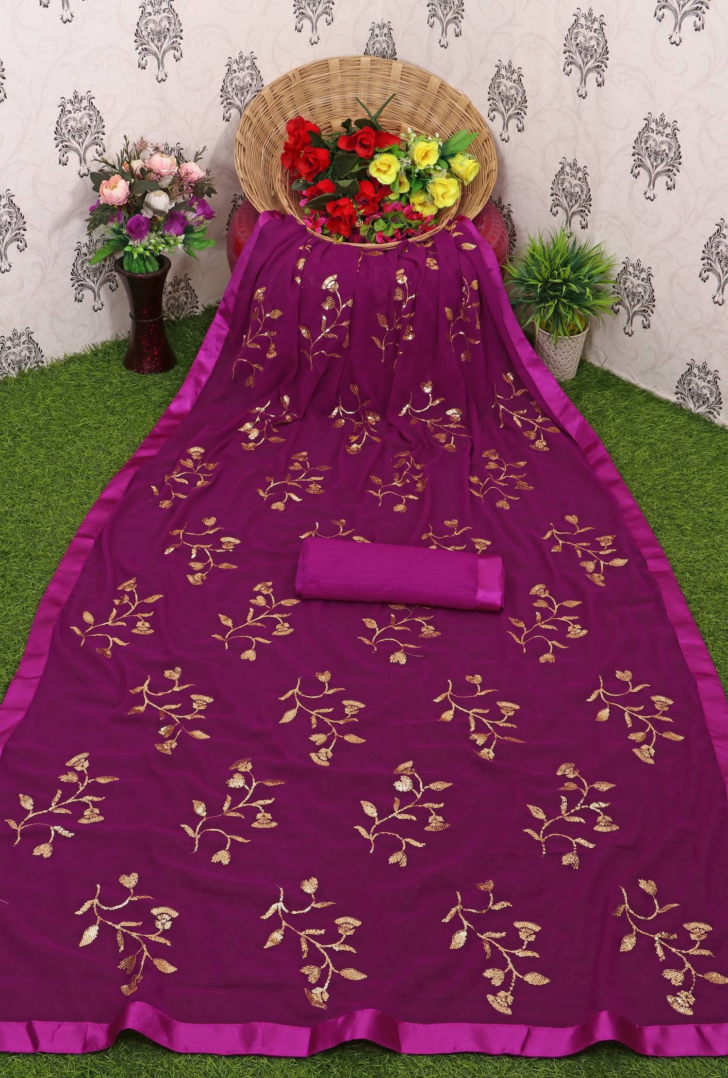 SATVASHIV Georgette Embroidered Regular Saree With Unstitched Blouse Piece ( Rani )     			SATVASHIV Georgette Embroidered Regular Saree With Unstitched Blouse Piece ( Rani )