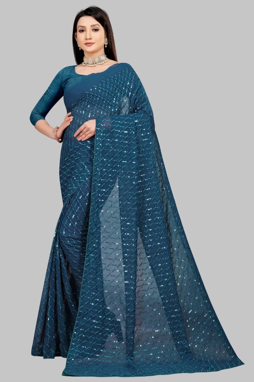 SATVASHIV Georgette Embroidered Regular Saree With Unstitched Blouse Piece ( Rama )     			SATVASHIV Georgette Embroidered Regular Saree With Unstitched Blouse Piece ( Rama )