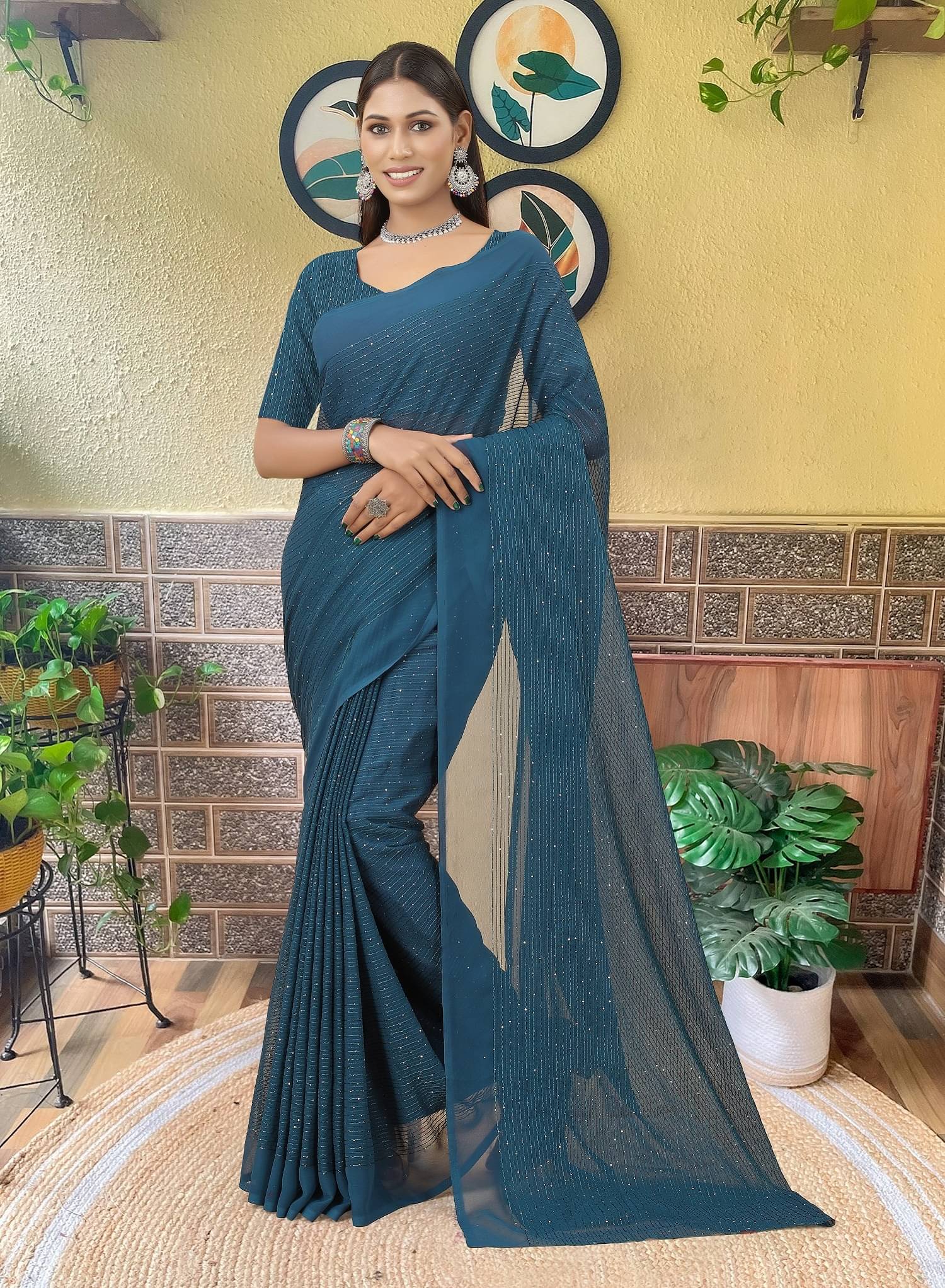 SATVASHIV Georgette Embroidered Regular Saree With Unstitched Blouse Piece ( Rama ) SATVASHIV Georgette Embroidered Regular Saree With Unstitched Blouse Piece ( Rama )